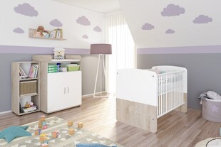 nonjoo. Babyzimmer Lani Set 2: best. aus Babybett, Kommode, Wickelaufsatz, Wandboard und Regal mit 3 Fächern 