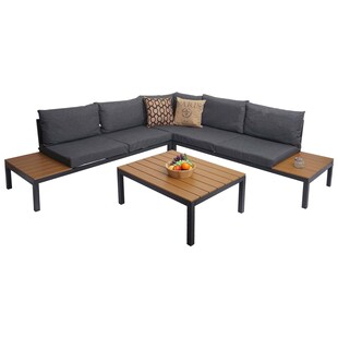 Garten Garnitur MCW-H54b, Garnitur Sitzgruppe Garten-/Lounge-Set Sofa, Olefin Holzoptik Alu ~ Polster dunkelgrau 