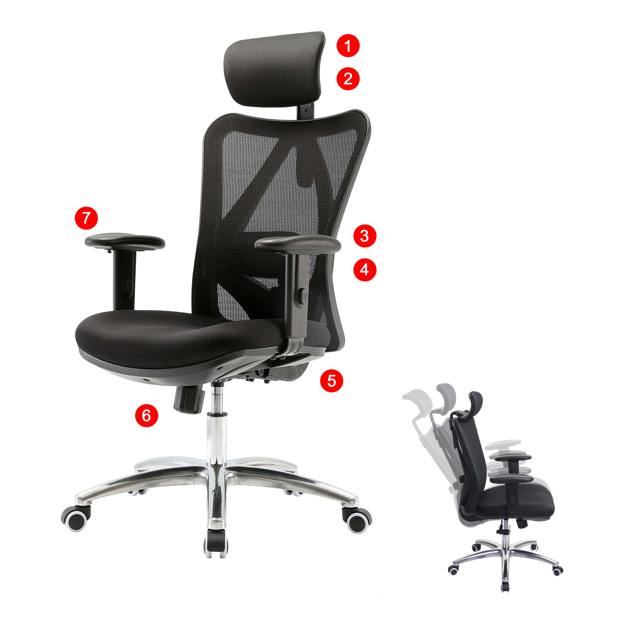 SIHOO B&uuml;rostuhl Schreibtischstuhl, ergonomisch, verstellbare Lordosenst&uuml;tze, 150kg belastbar ~ ohne Fu&szlig;st&uuml;tze schwarz 
