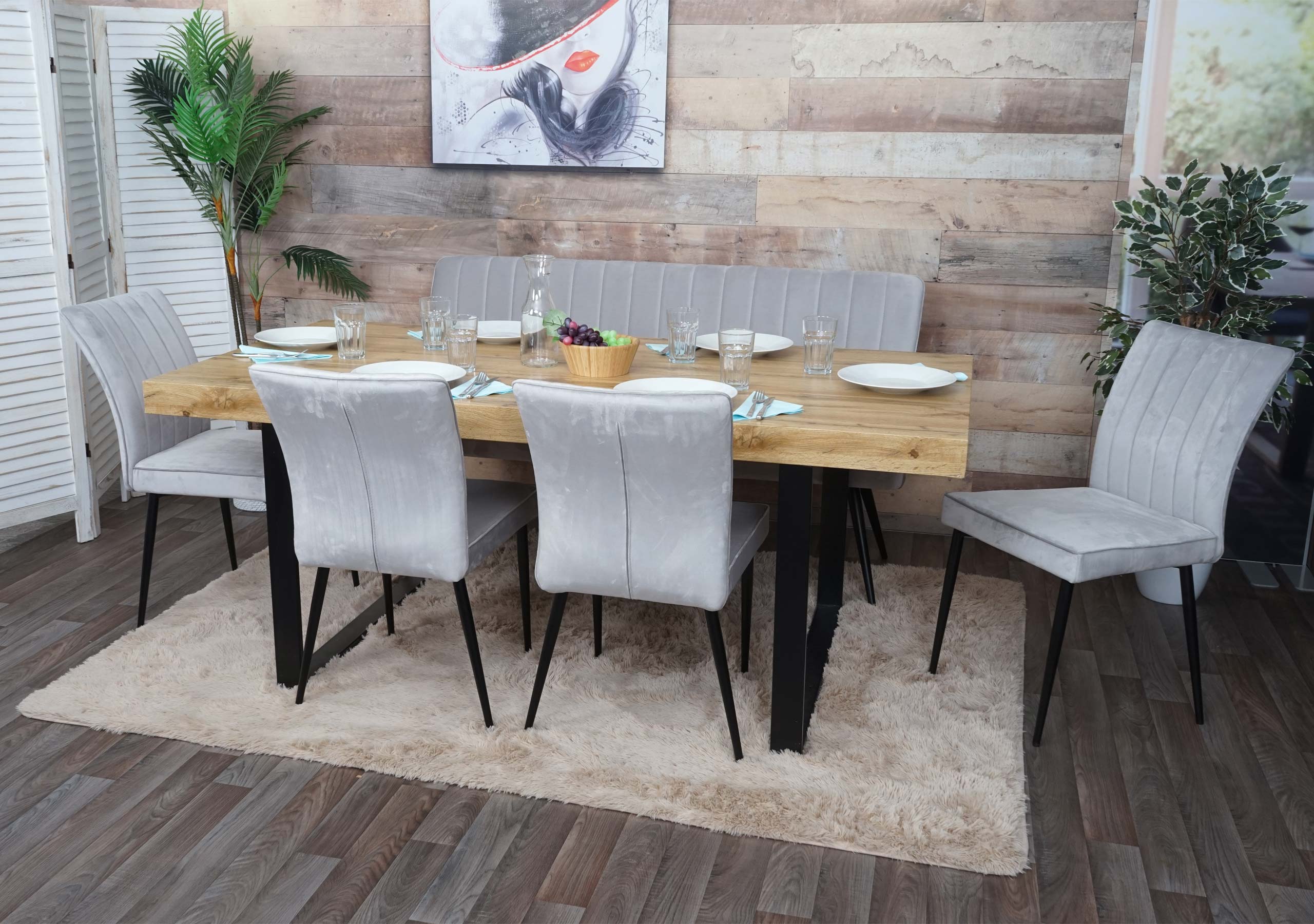 Esszimmer-Set MCW-K16, 4er-Set Stuhl+Sitzbank Esszimmergruppe Sitzgruppe Esszimmergarnitur, Samt Metall ~ hellgrau 