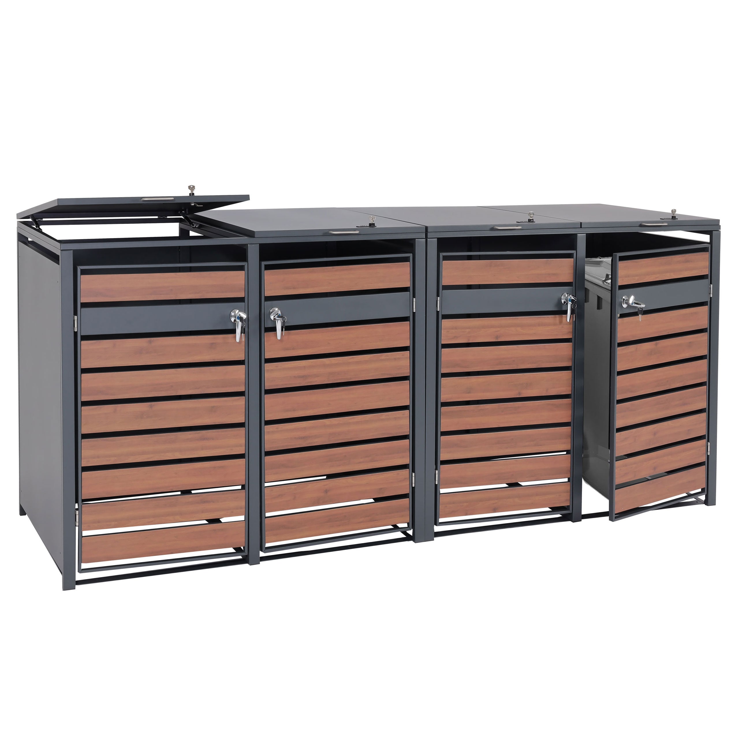 4er M&uuml;lltonnenverkleidung MCW-J81, M&uuml;lltonnenbox, erweiterbar, Metall 100kg, anthrazit ~ Kirsche-Holzoptik dunkelbraun 