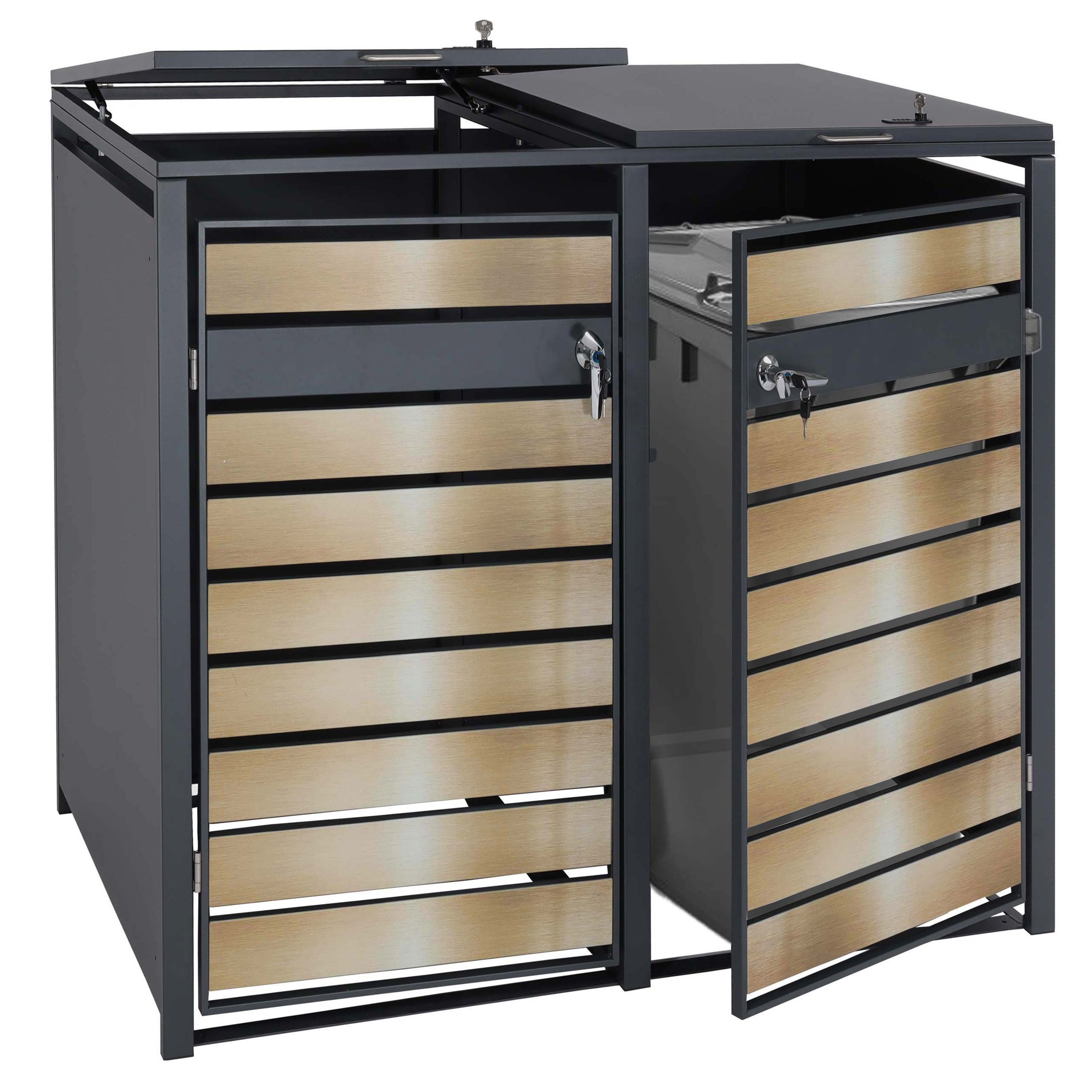 2er M&uuml;lltonnenverkleidung MCW-J81, M&uuml;lltonnenbox, erweiterbar, Metall 50kg, anthrazit ~ gold 