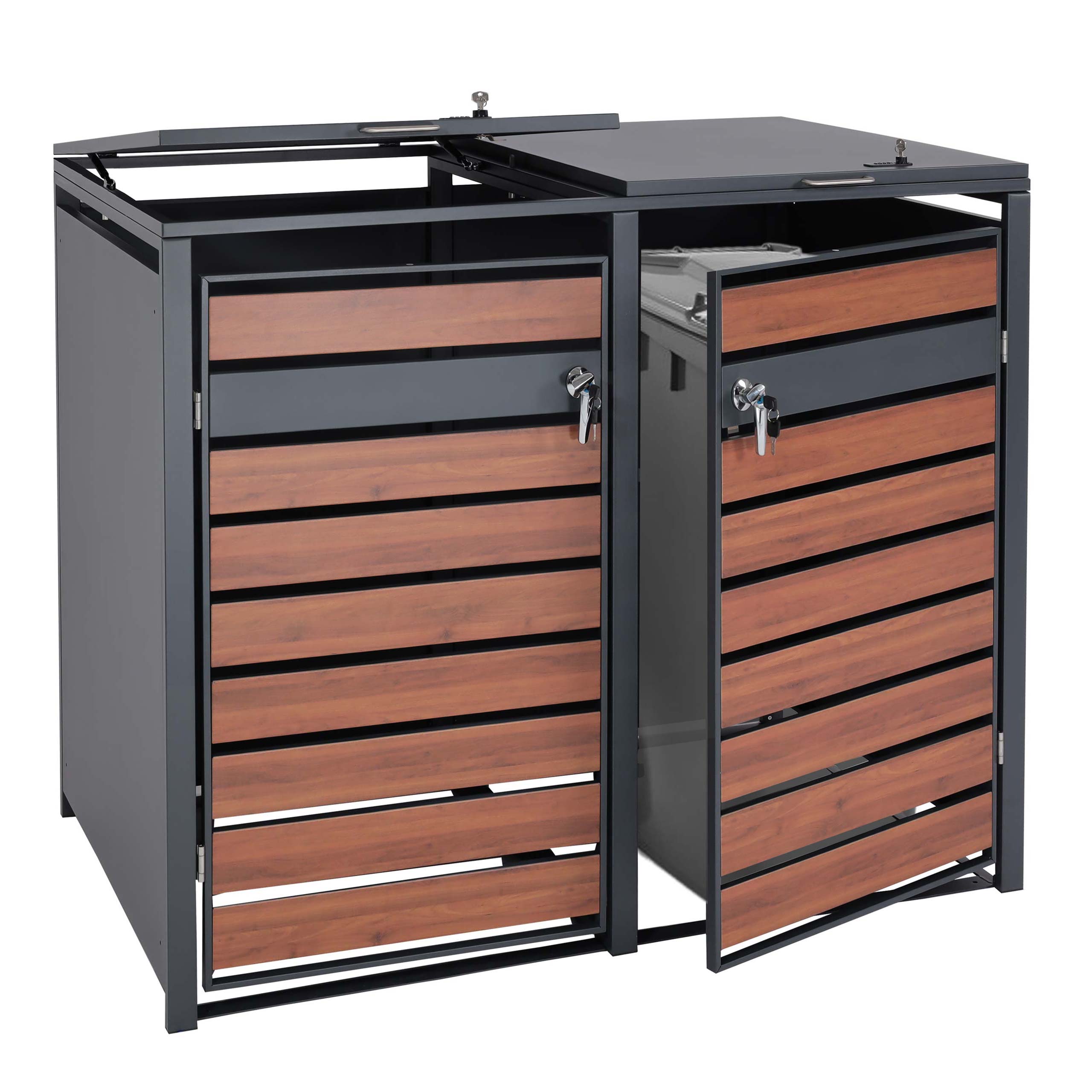 2er M&uuml;lltonnenverkleidung MCW-J81, M&uuml;lltonnenbox, erweiterbar, Metall 50kg, anthrazit ~ Kirsche-Holzoptik dunkelbraun 