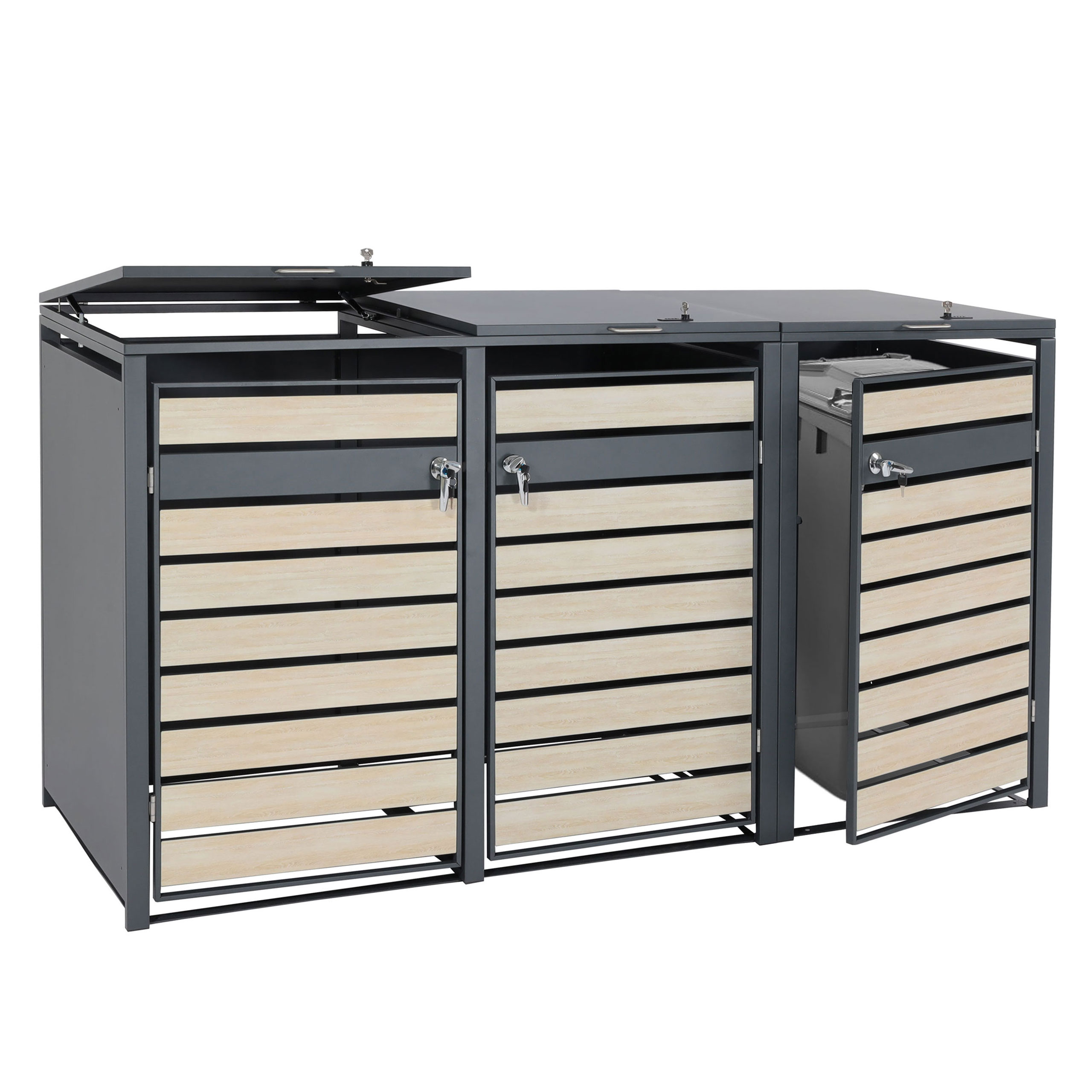 3er M&uuml;lltonnenverkleidung MCW-J81, M&uuml;lltonnenbox, erweiterbar, Metall 82kg, anthrazit ~ Buche-Holzoptik hellbraun 