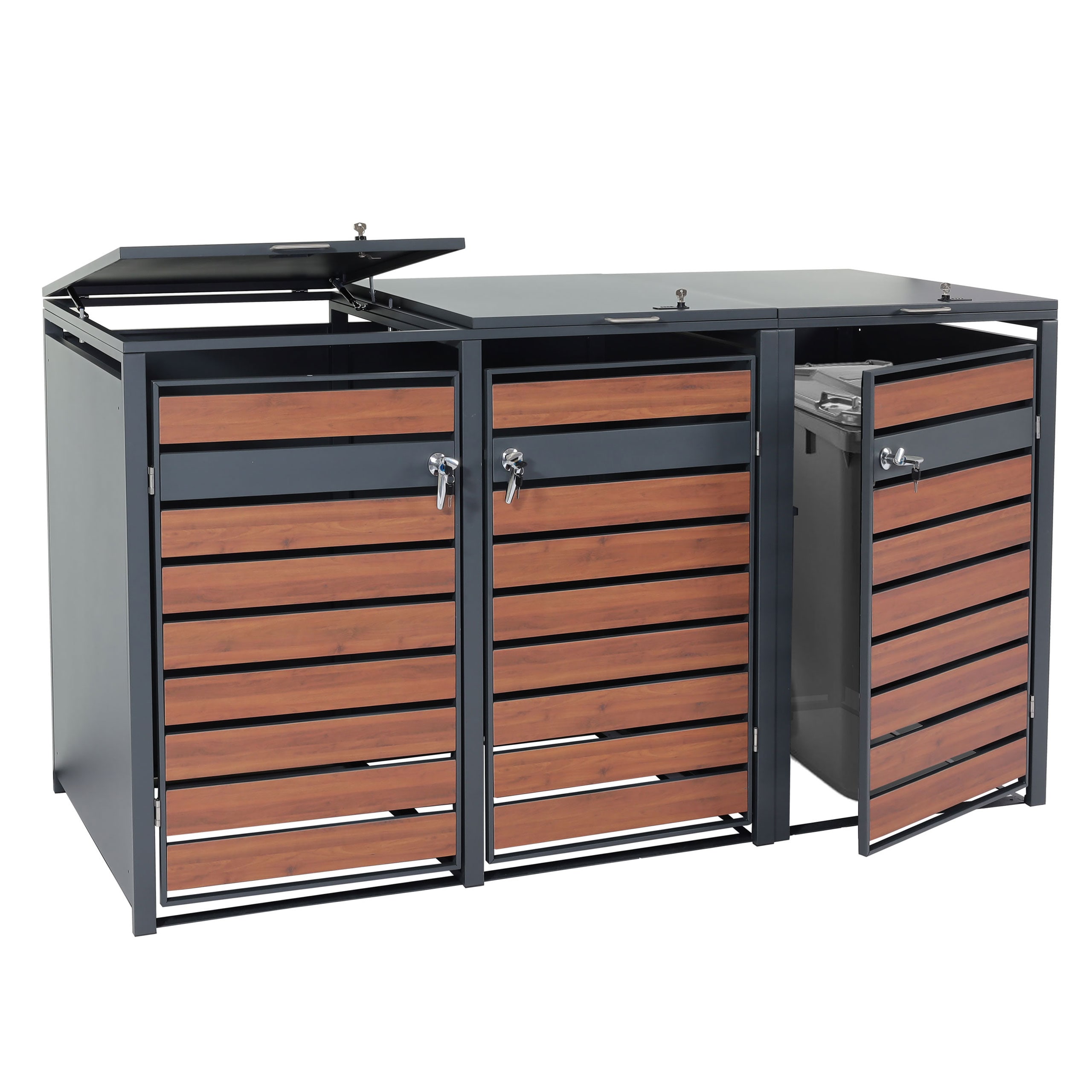 3er M&uuml;lltonnenverkleidung MCW-J81, M&uuml;lltonnenbox, erweiterbar, Metall 82kg, anthrazit ~ Kirsche-Holzoptik dunkelbraun 
