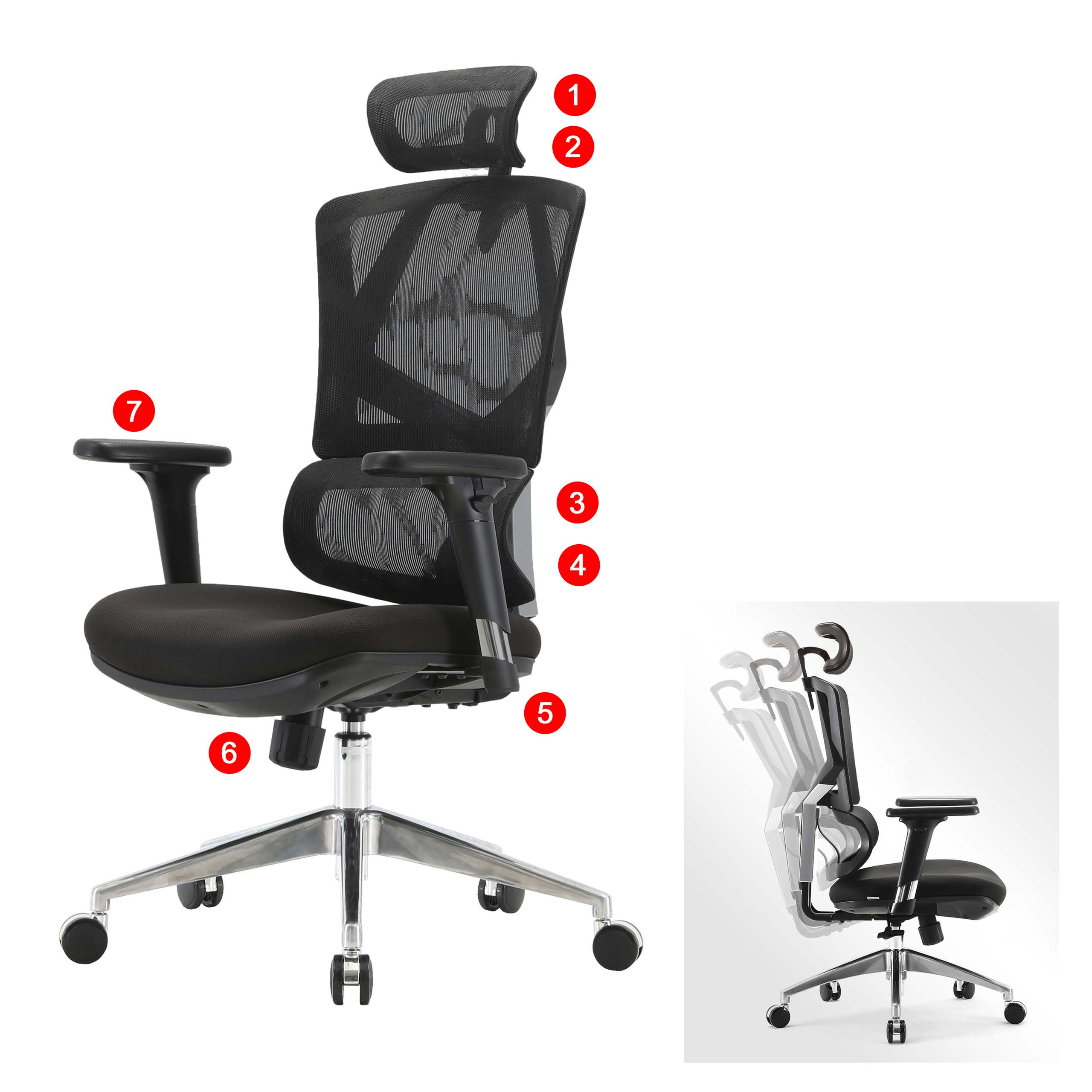 SIHOO B&uuml;rostuhl Schreibtischstuhl ergonomisch, Lordosenst&uuml;tze hohe R&uuml;ckenlehne 3D-Armlehnen ~ gepolstert schwarz 