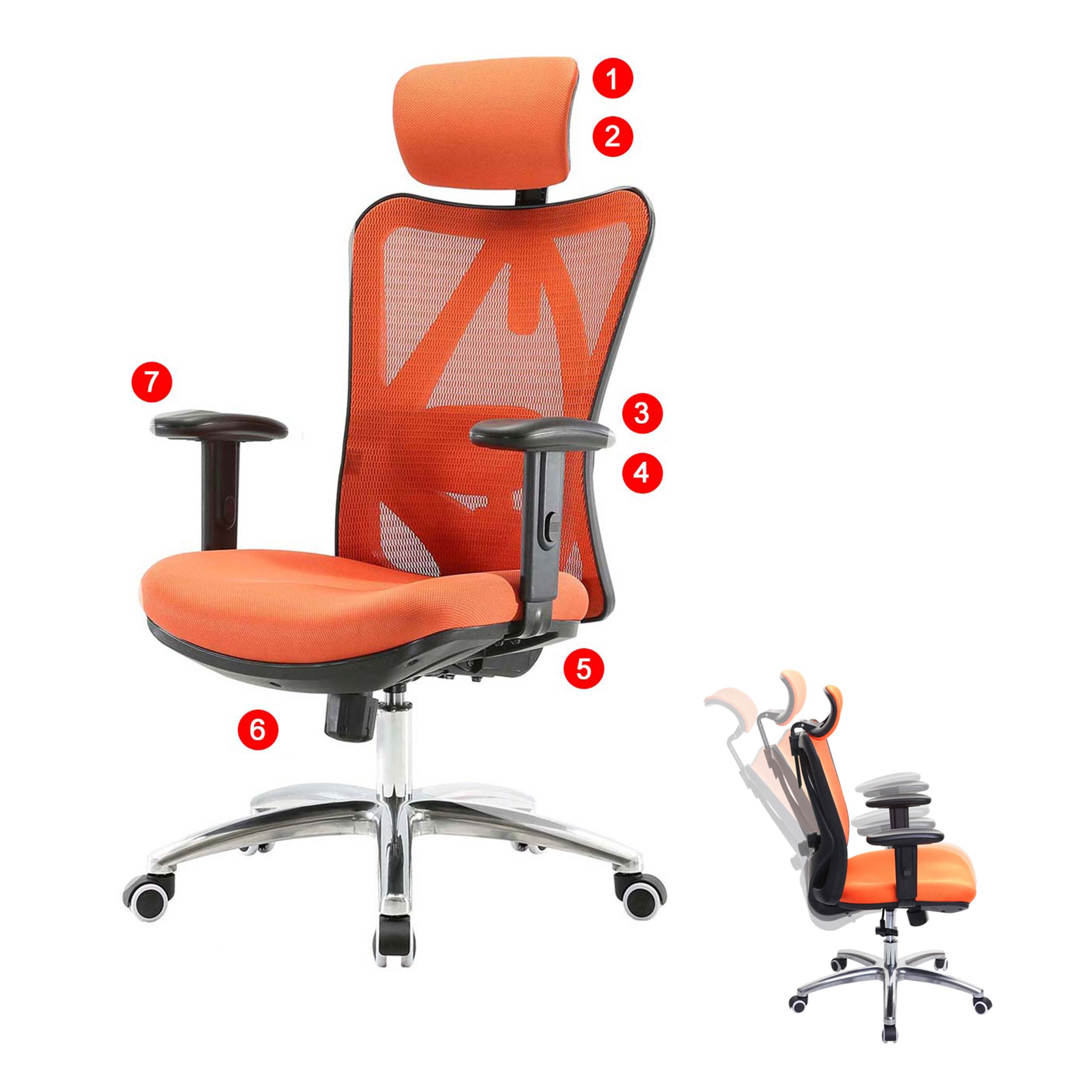 B&uuml;rostuhl MCW-J86, Schreibtischstuhl, ergonomisch, verstellbare Lordosenst&uuml;tze 150kg belastbar ~ ohne Fu&szlig;st&uuml;tze, orange 