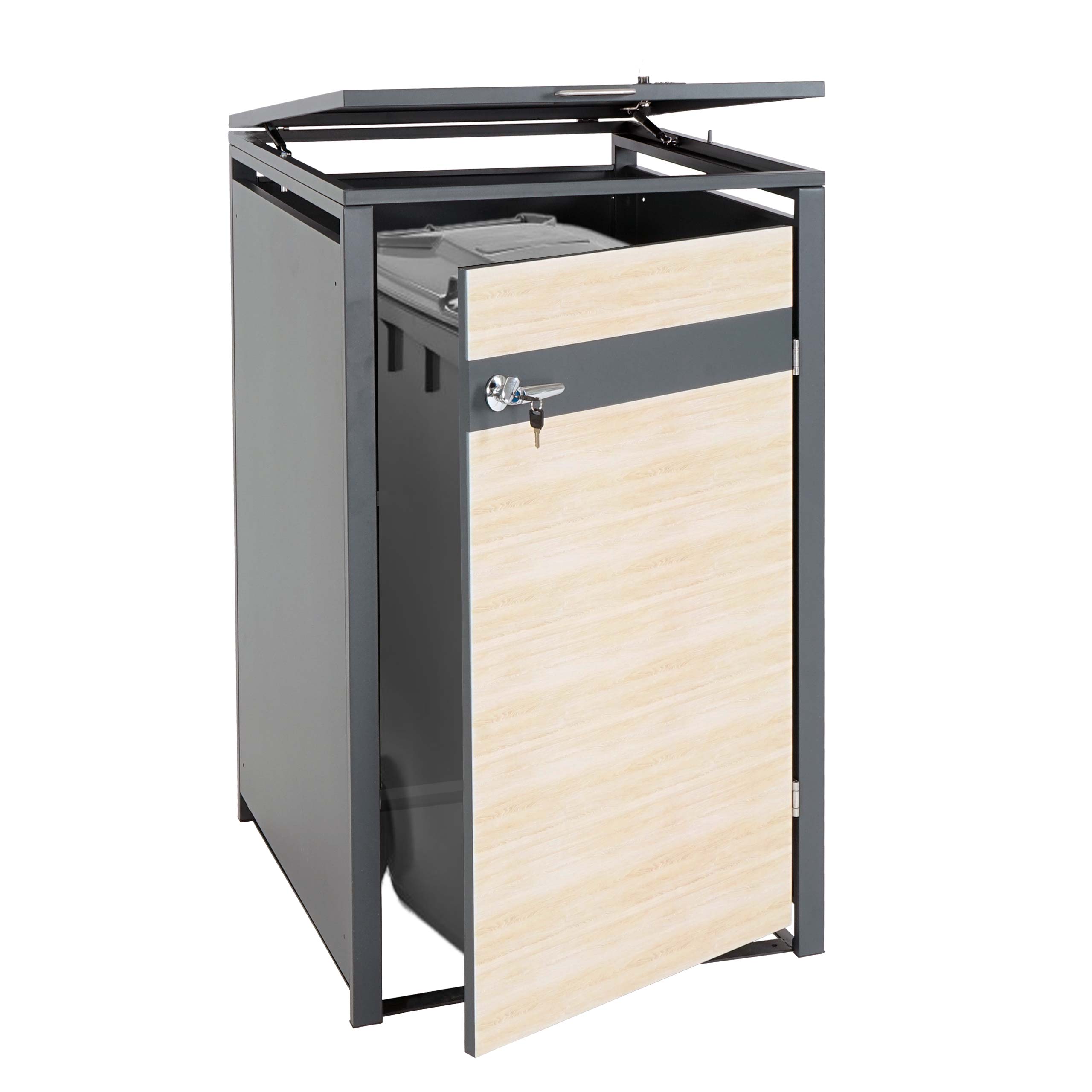 1er M&uuml;lltonnenverkleidung MCW-J82, M&uuml;lltonnenbox, erweiterbar, Metall 32kg, anthrazit ~ Buche-Holzoptik hellbraun 