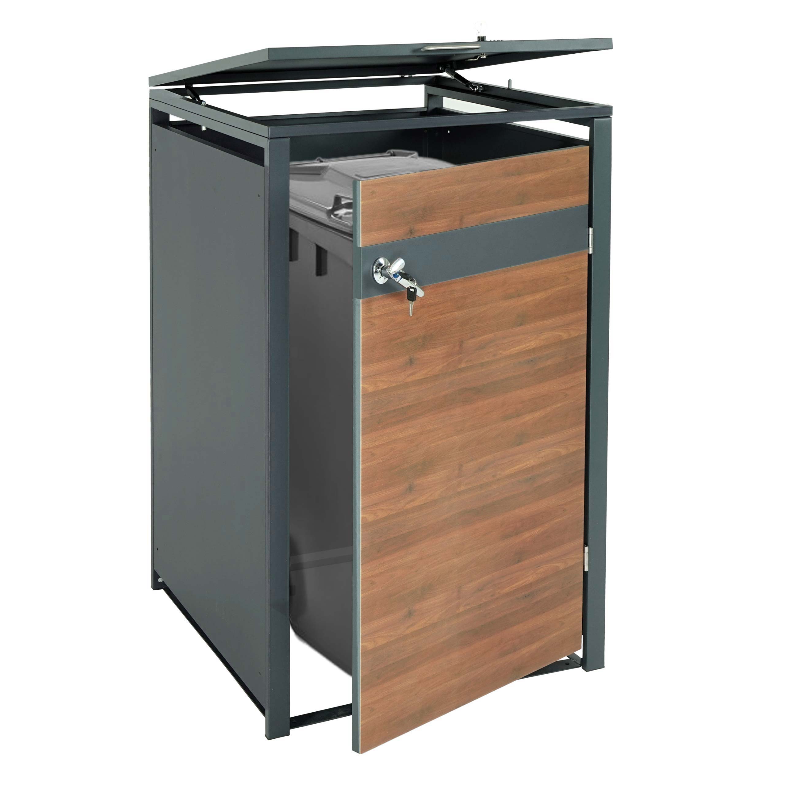 1er M&uuml;lltonnenverkleidung MCW-J82, M&uuml;lltonnenbox, erweiterbar, Metall 32kg, anthrazit ~ Kirsche-Holzoptik dunkelbraun 
