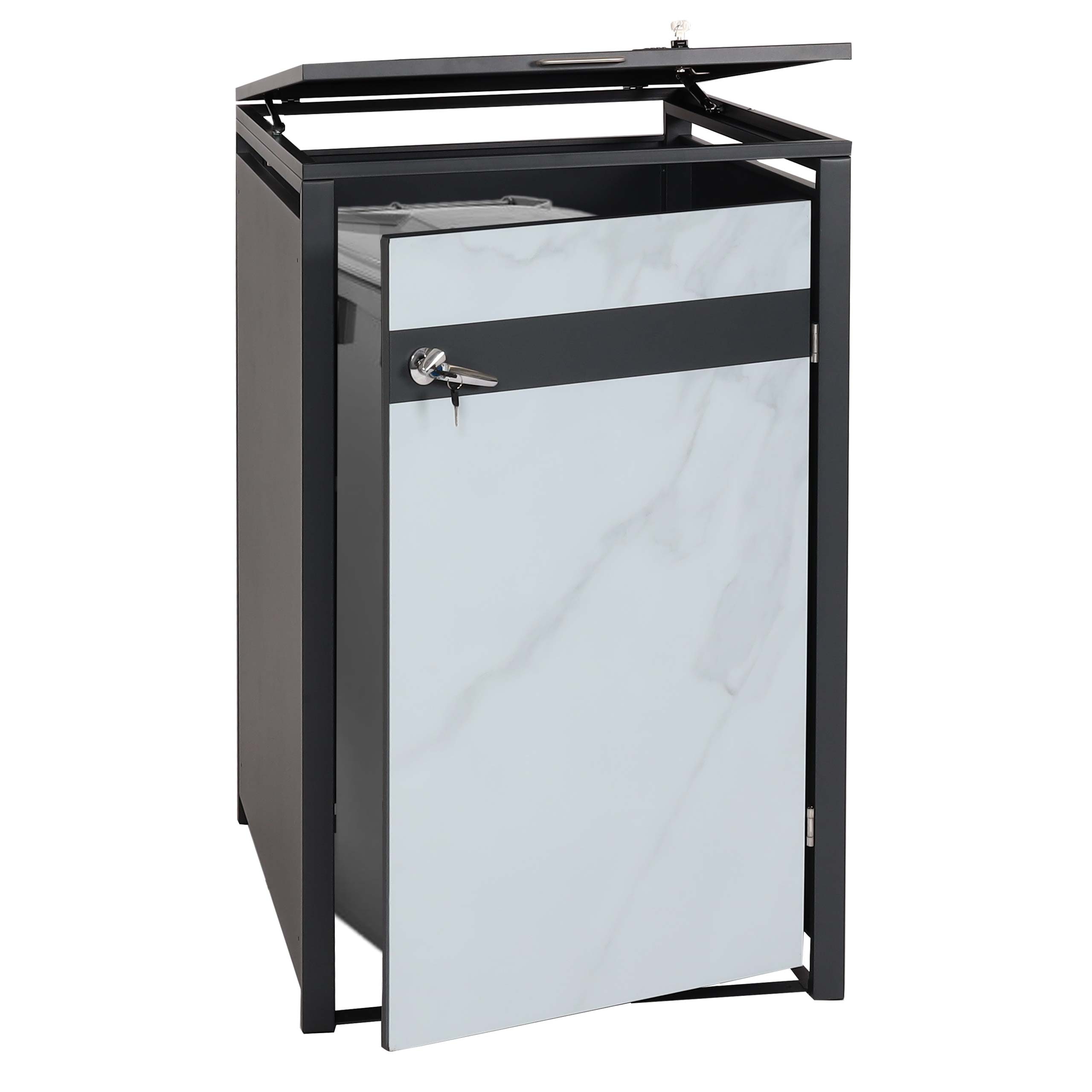 1er M&uuml;lltonnenverkleidung MCW-J82, M&uuml;lltonnenbox, erweiterbar, Metall 32kg, anthrazit ~ Marmor-Optik hell 