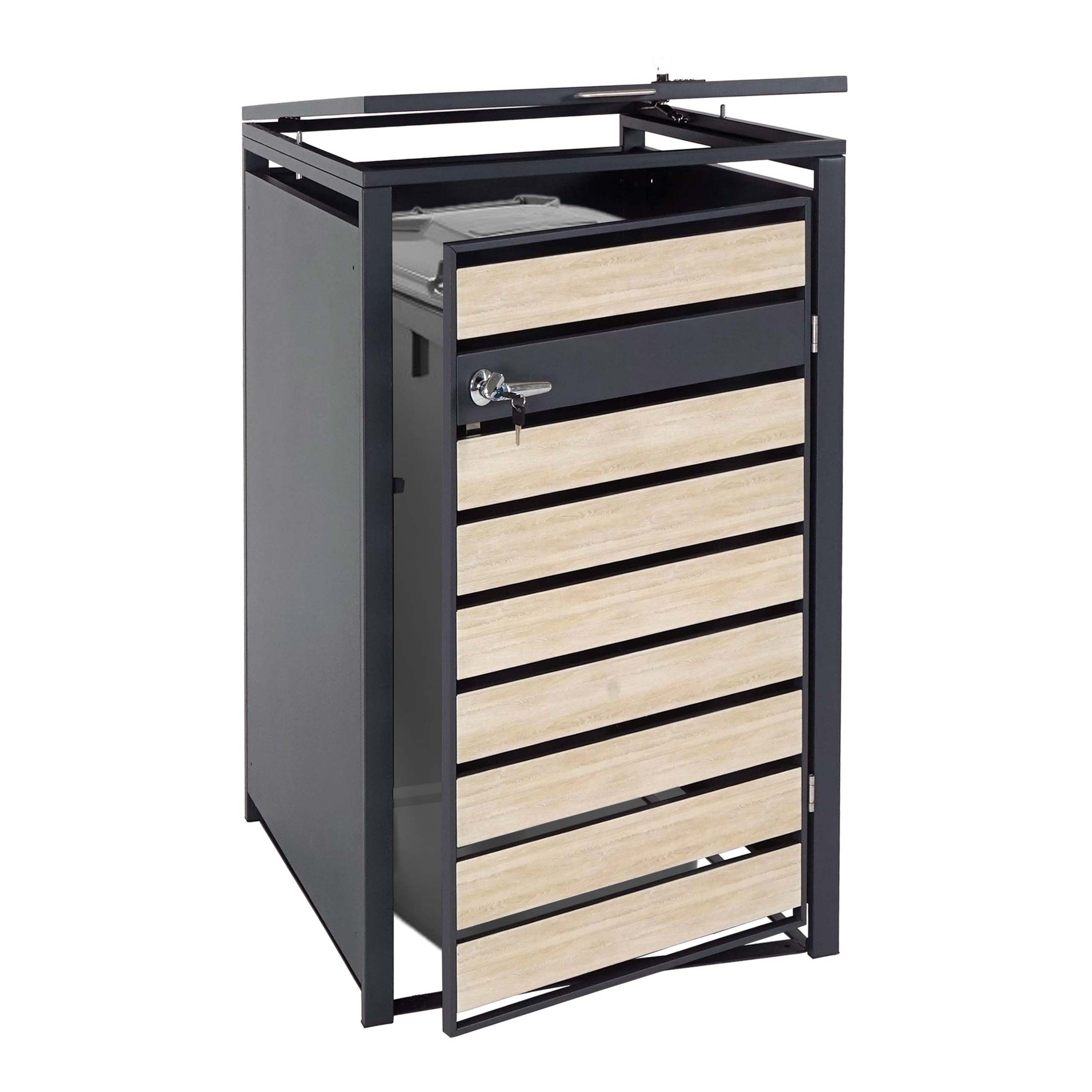 1er M&uuml;lltonnenverkleidung MCW-J81, M&uuml;lltonnenbox, erweiterbar, Metall 32kg, anthrazit ~ Buche-Holzoptik hellbraun 