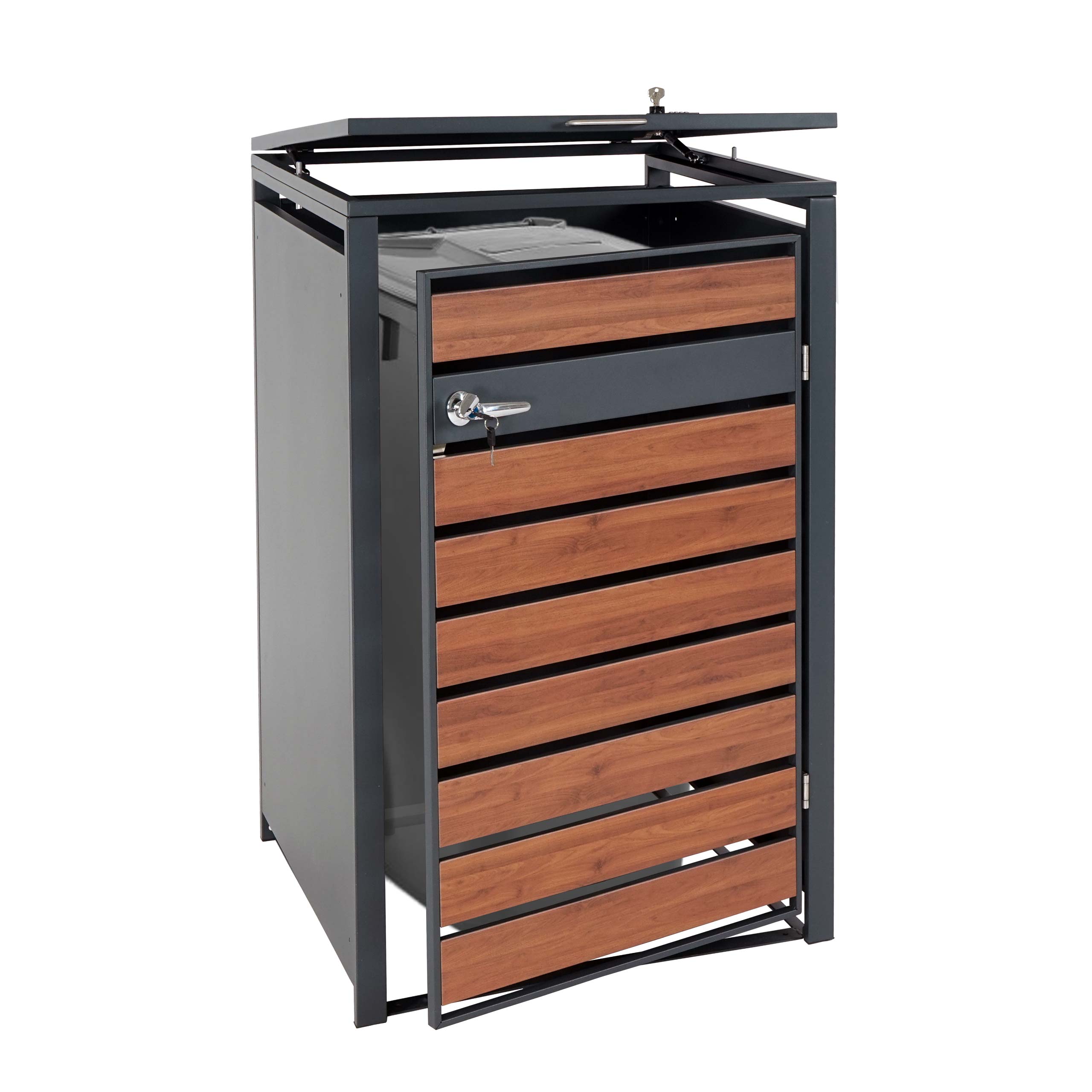1er M&uuml;lltonnenverkleidung MCW-J81, M&uuml;lltonnenbox, erweiterbar, Metall 32kg, anthrazit ~ Kirsche-Holzoptik dunkelbraun 