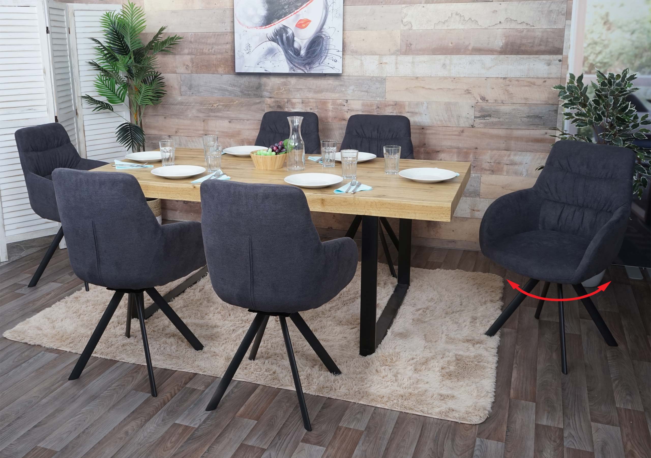 6er-Set Esszimmerstuhl MCW-J69, K&uuml;chenstuhl Stuhl mit Armlehne, drehbar Auto-Position, Samt ~ anthrazit 