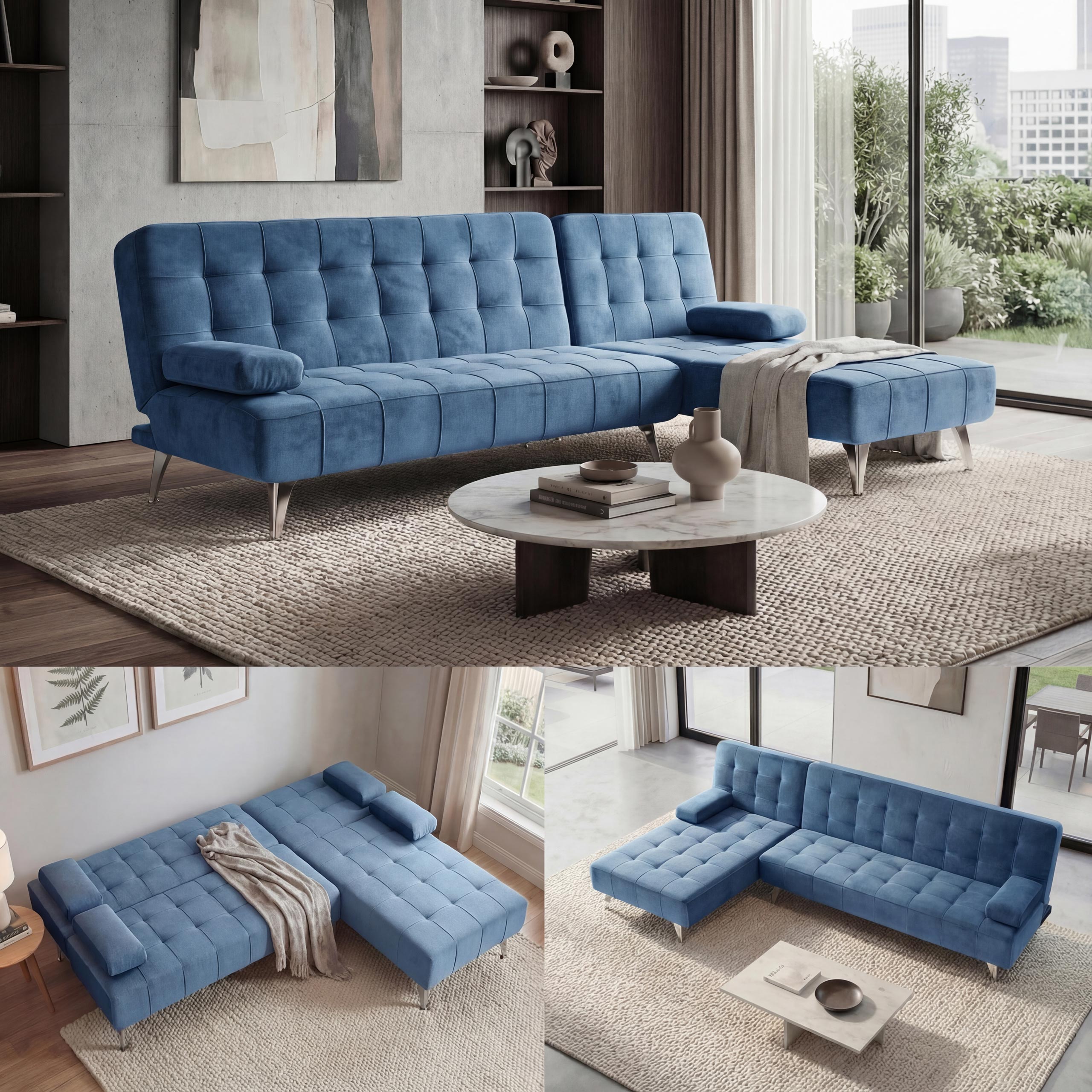 Schlafsofa MCW-K22, Couch Ecksofa Sofa, Liegefl&auml;che links/rechts Schlaffunktion 236cm ~ Samt blau 