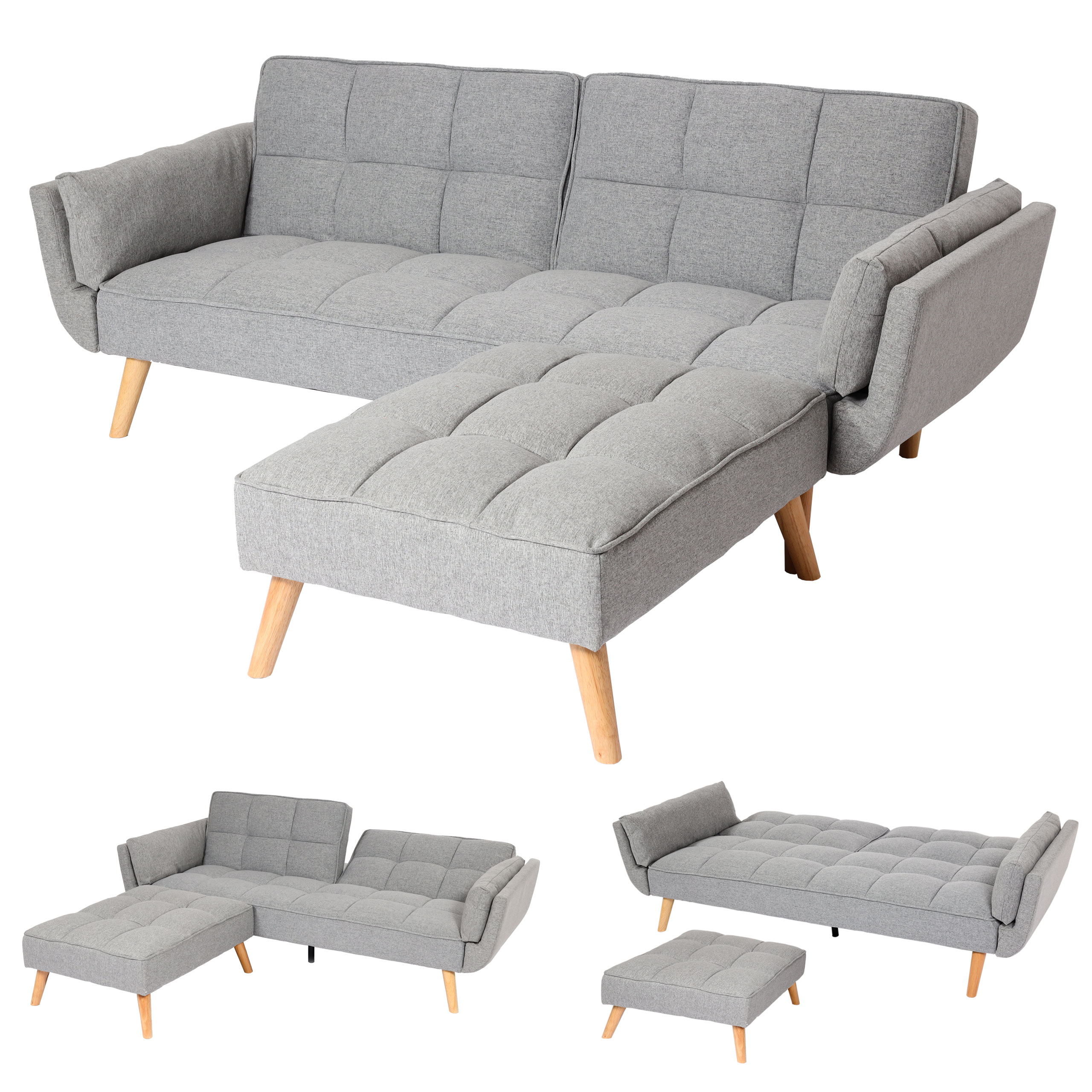 Schlafsofa MCW-K18 mit Ottomane, Couch Sofa G&auml;stebett, Schlaffunktion 218x175cm ~ Stoff/Textil hellgrau 