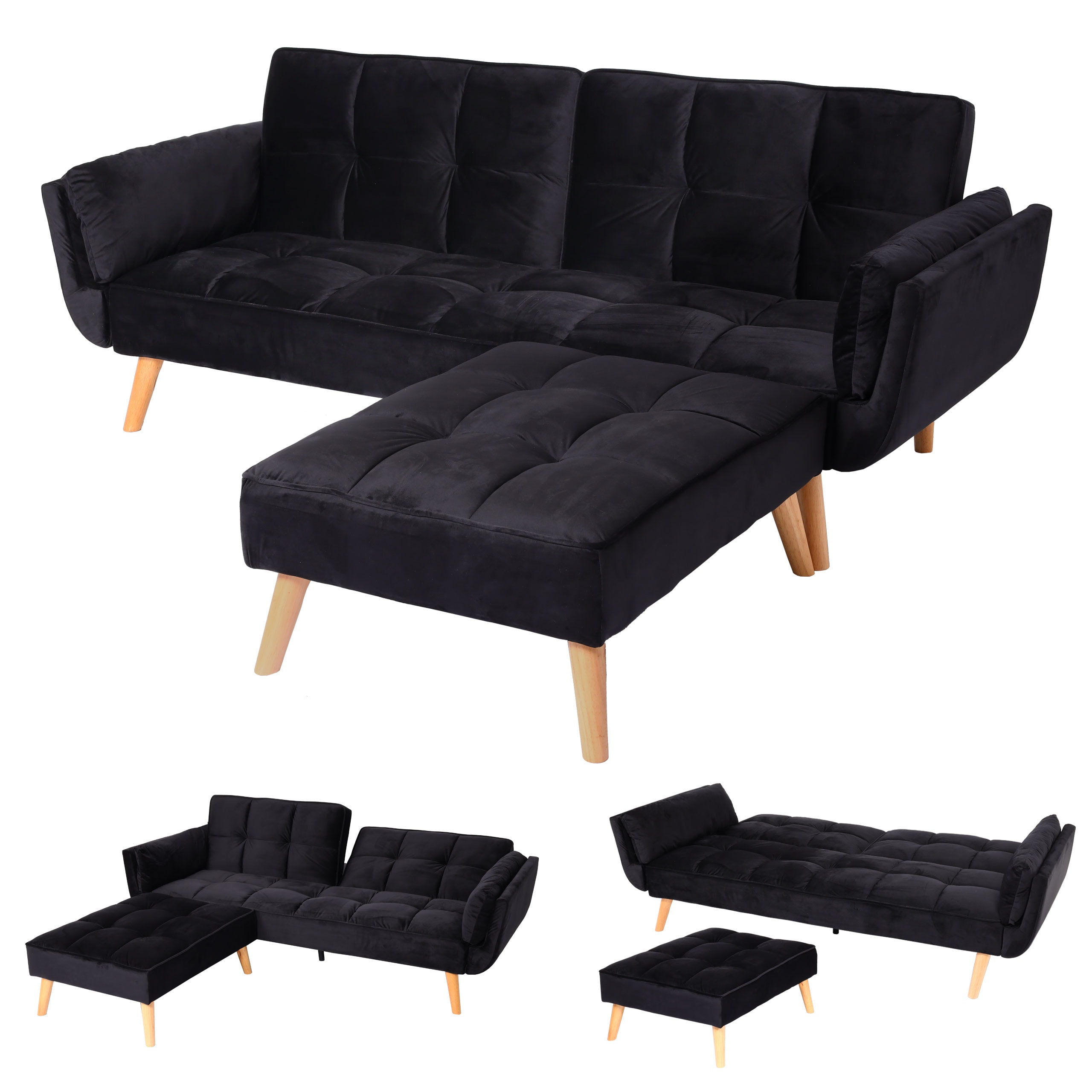 Schlafsofa MCW-K18 mit Ottomane, Couch Sofa G&auml;stebett, Schlaffunktion 218x175cm ~ Samt schwarz 