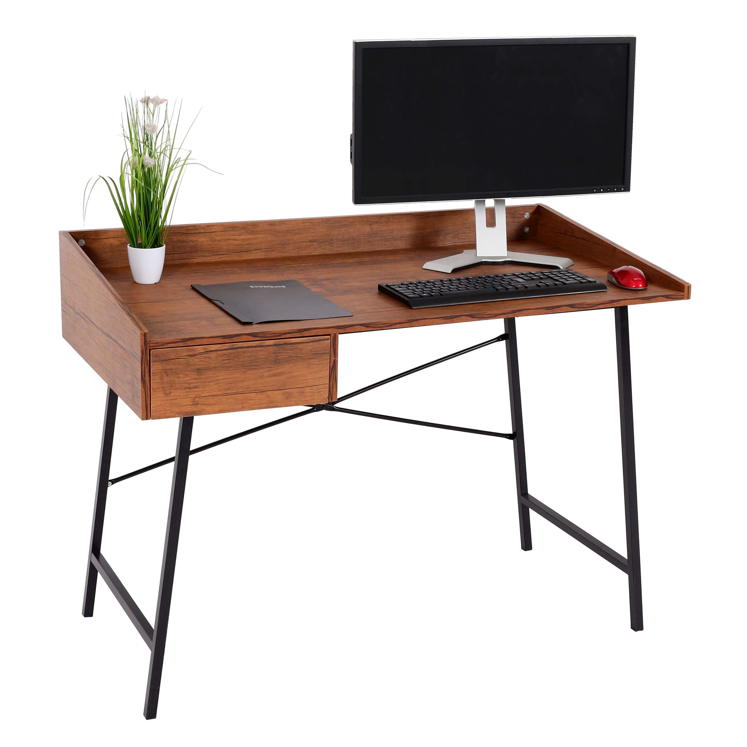 Schreibtisch MCW-J97, B&uuml;rotisch Computertisch, Schublade 3D-Struktur 98x114x60cm MVG-zertifiziert ~ braun 