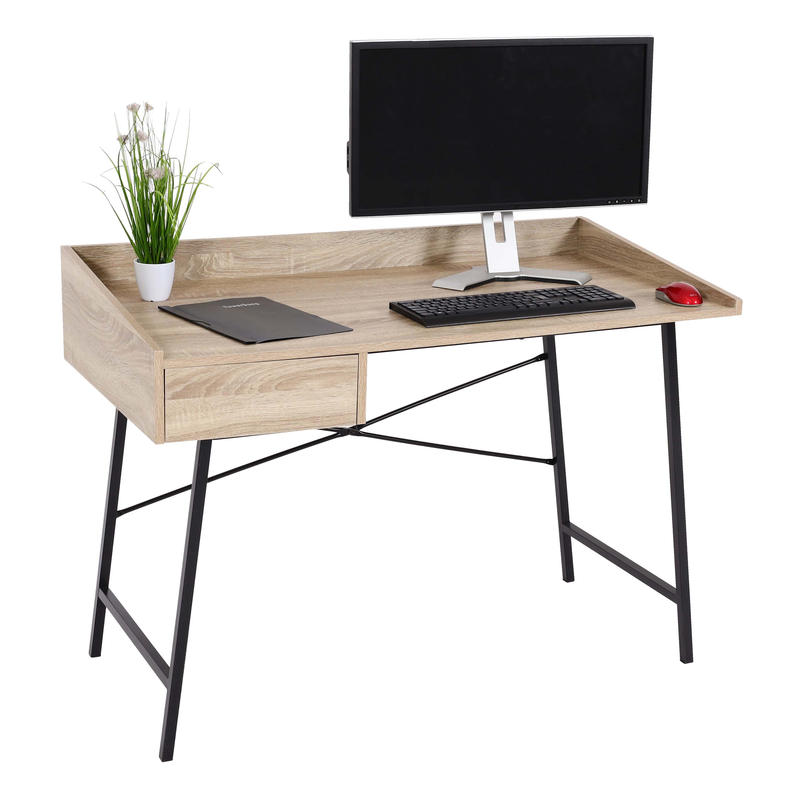 Schreibtisch MCW-J97, B&uuml;rotisch Computertisch, Schublade 3D-Struktur 98x114x60cm MVG-zertifiziert ~ Eiche-Optik 