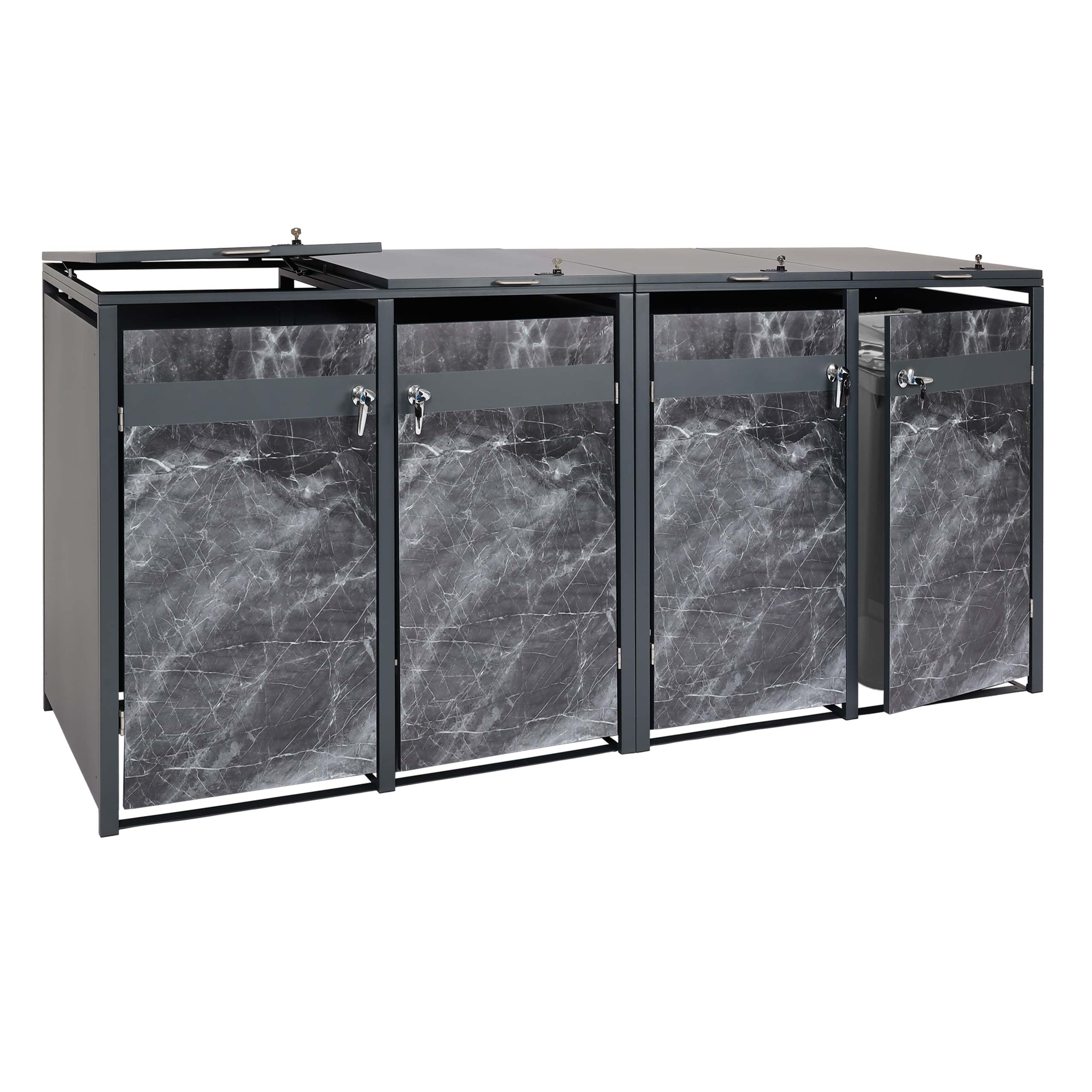 4er M&uuml;lltonnenverkleidung MCW-J82, M&uuml;lltonnenbox, erweiterbar, Metall 100kg, anthrazit ~ Marmor-Optik dunkel 