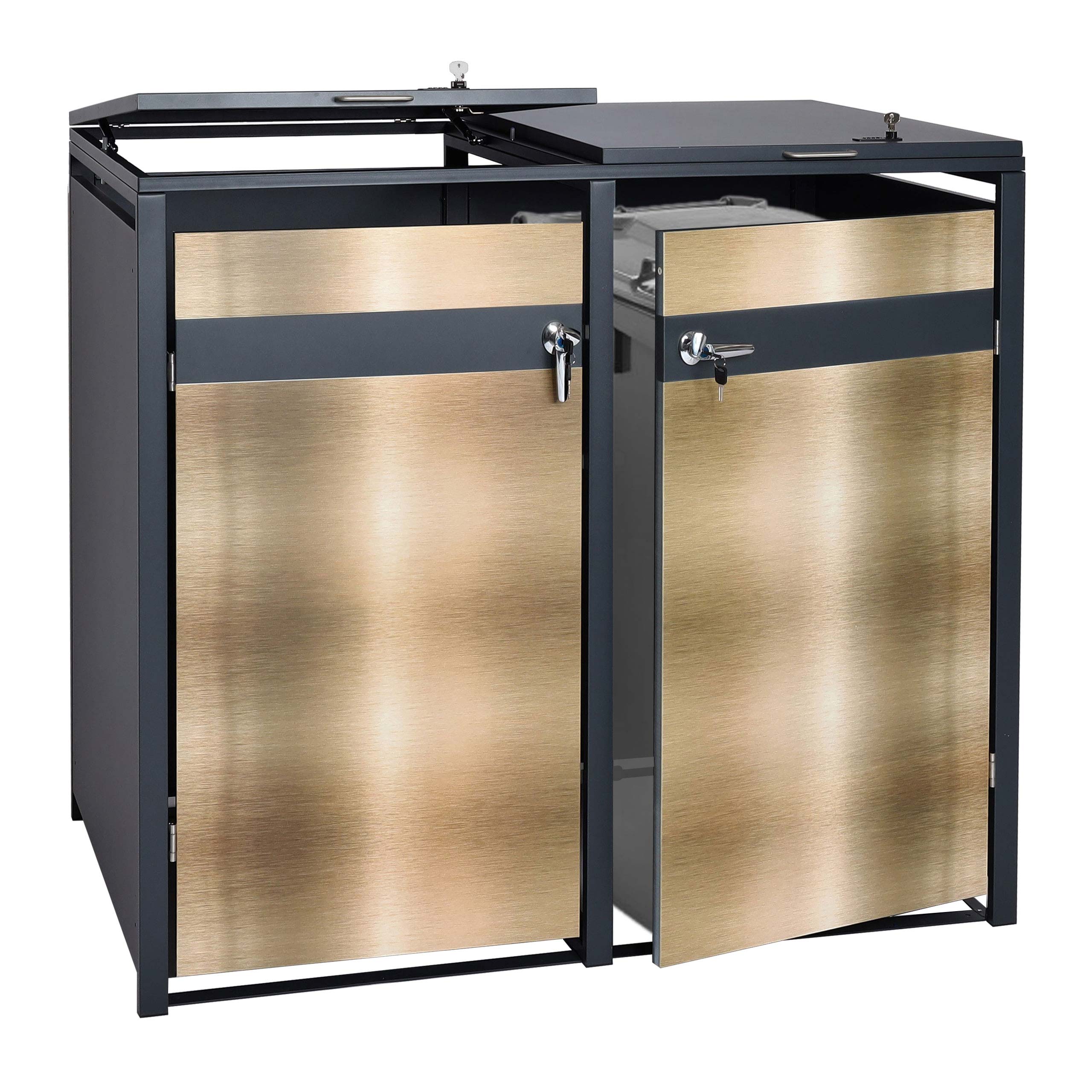 2er M&uuml;lltonnenverkleidung MCW-J82, M&uuml;lltonnenbox, erweiterbar, Metall 50kg, anthrazit ~ gold 