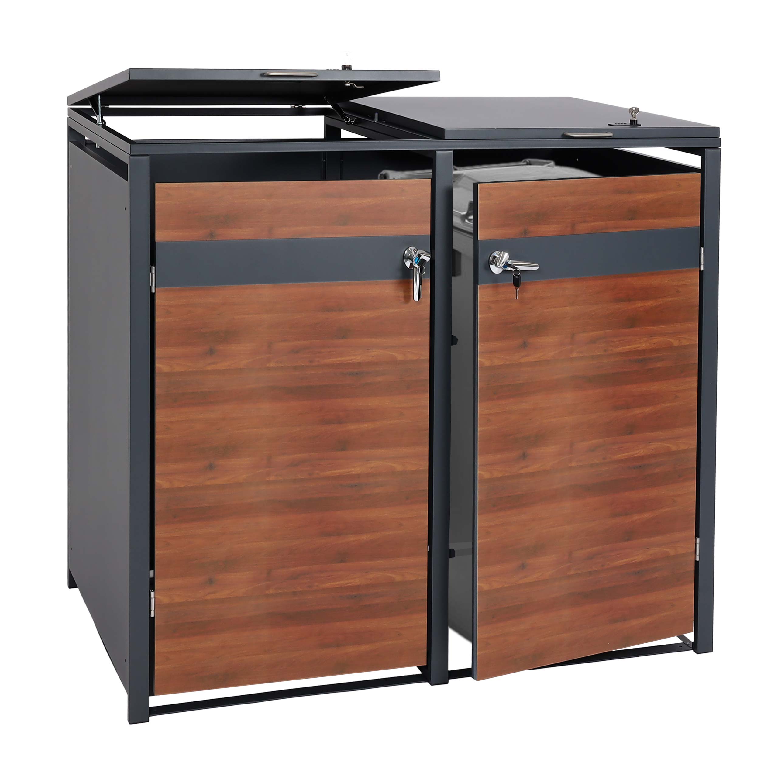 2er M&uuml;lltonnenverkleidung MCW-J82, M&uuml;lltonnenbox, erweiterbar, Metall 50kg, anthrazit~ Kirsche-Holzoptik dunkelbraun 