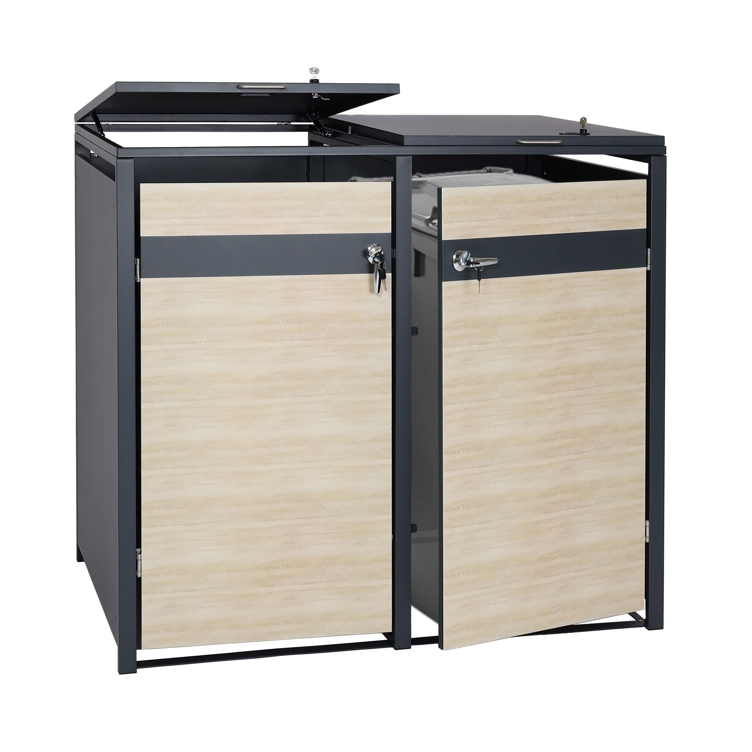 2er M&uuml;lltonnenverkleidung MCW-J82, M&uuml;lltonnenbox, erweiterbar, Metall 50kg, anthrazit ~ Buche-Holzoptik hellbraun 