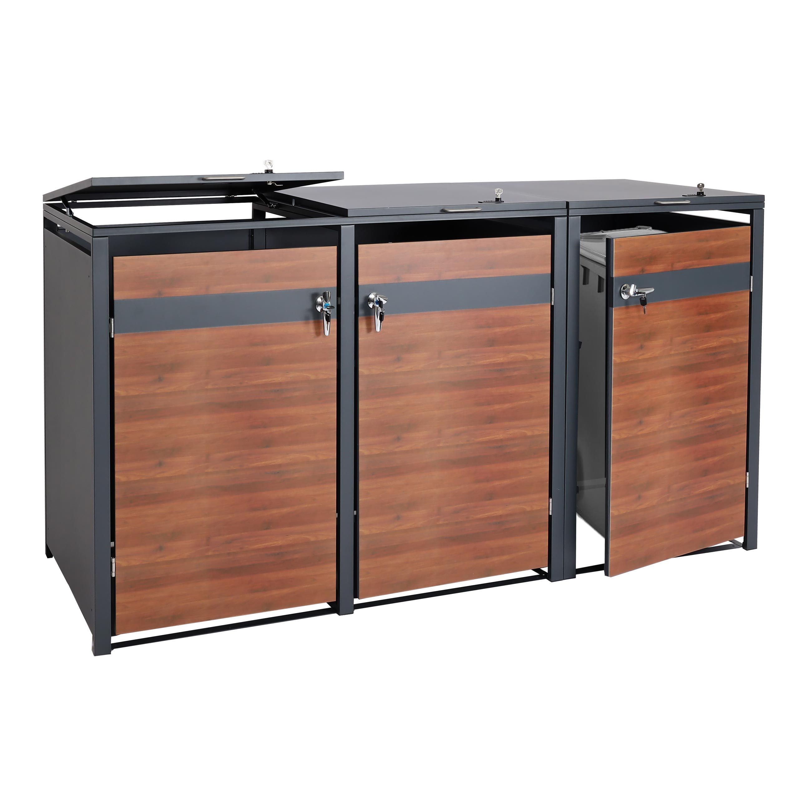 3er M&uuml;lltonnenverkleidung MCW-J82, M&uuml;lltonnenbox, erweiterbar, Metall 80kg, anthrazit ~ Kirsche-Holzoptik dunkelbraun 