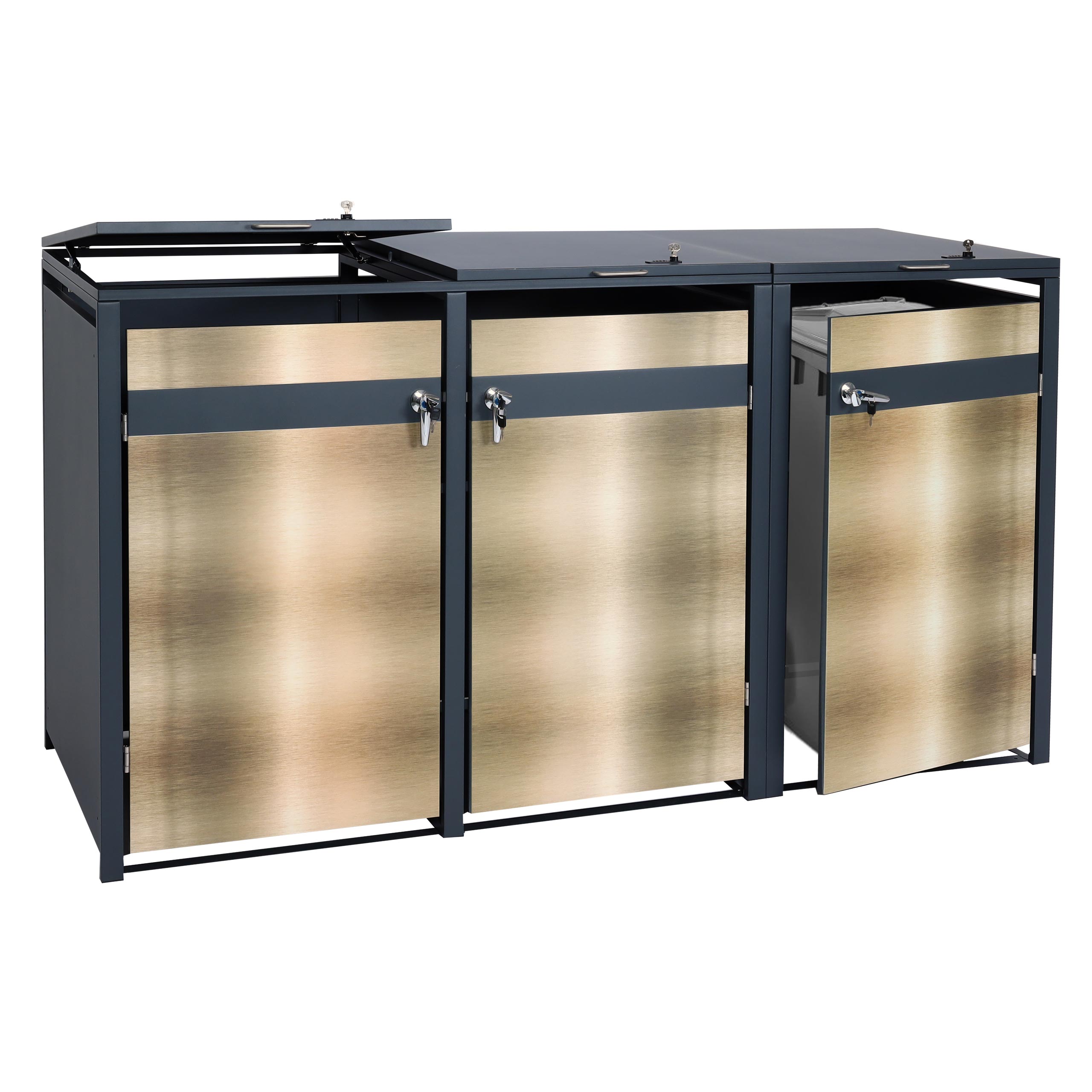3er M&uuml;lltonnenverkleidung MCW-J82, M&uuml;lltonnenbox, erweiterbar, Metall 80kg, anthrazit ~ gold 