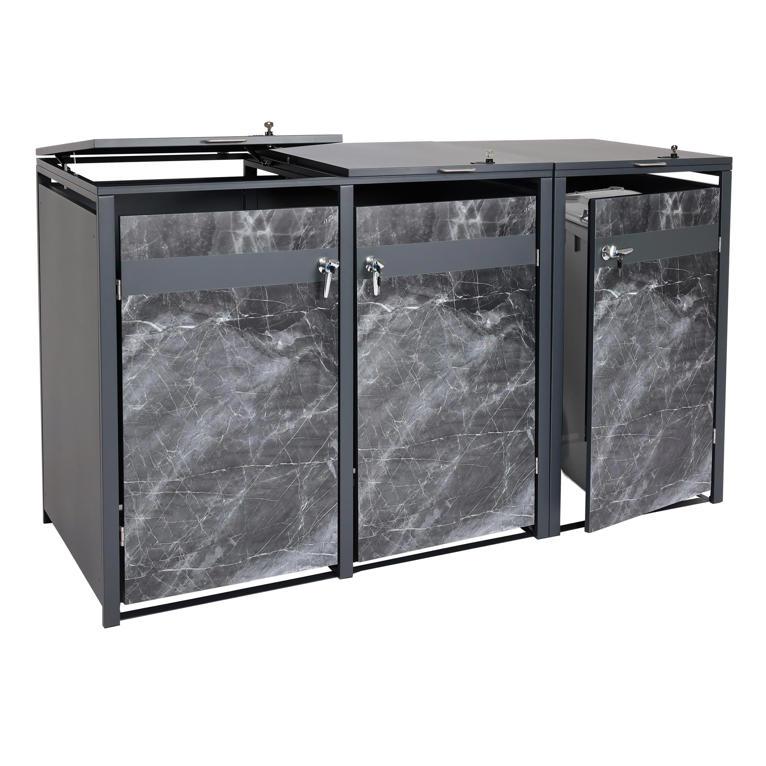 3er M&uuml;lltonnenverkleidung MCW-J82, M&uuml;lltonnenbox, erweiterbar, Metall 80kg, anthrazit ~ Marmor-Optik dunkel 