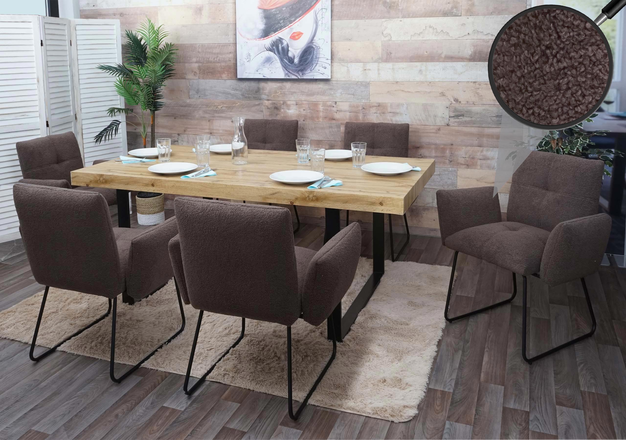 2er-Set Esszimmerstuhl MCW-K34, K&uuml;chenstuhl Polsterstuhl Stuhl Armlehne, &Ouml;ko-Tex Boucl&eacute; Stoff/Textil Metall MVG ~ braun 