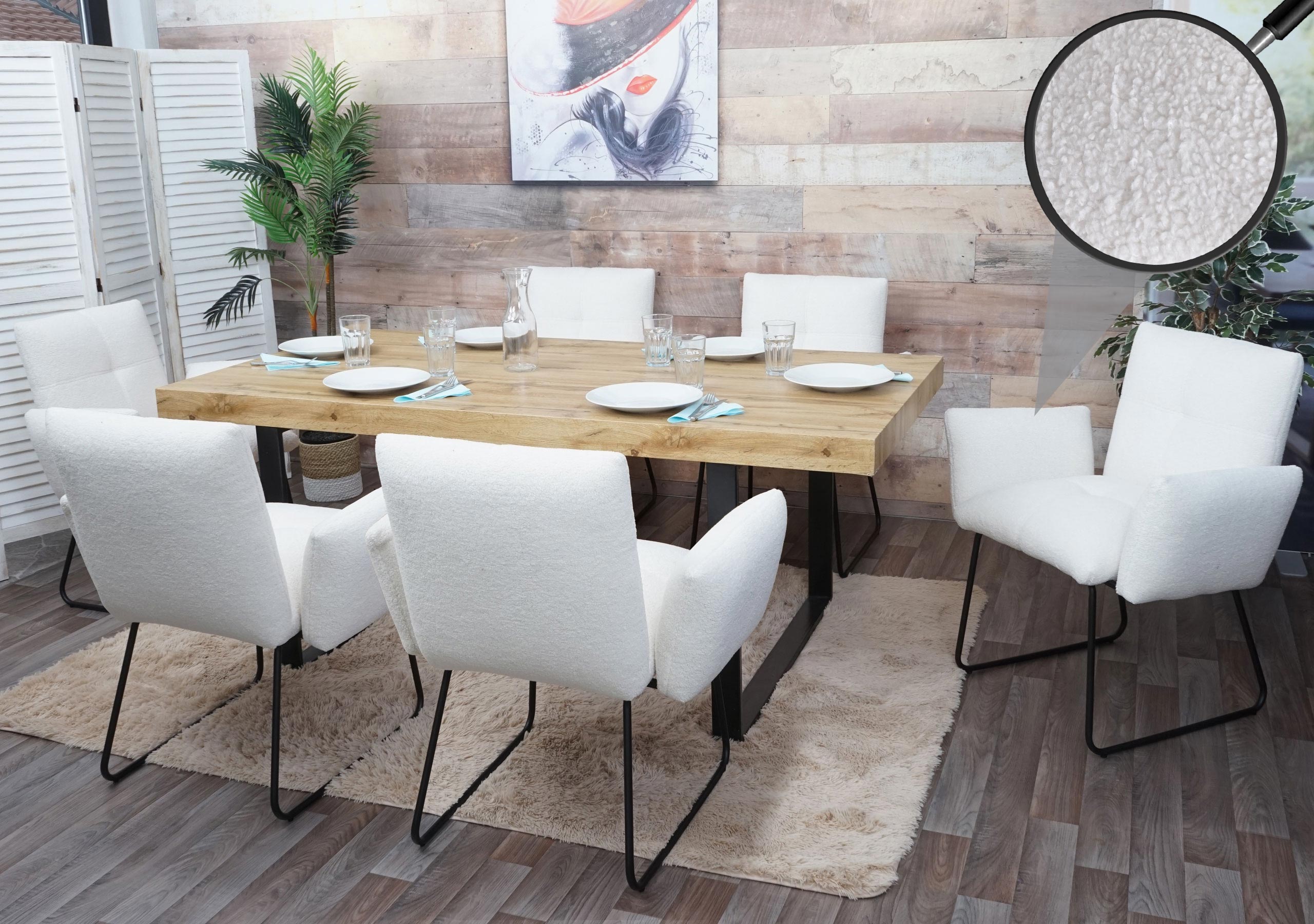 2er-Set Esszimmerstuhl MCW-K34, K&uuml;chenstuhl Polsterstuhl Stuhl Armlehne, &Ouml;ko-Tex Boucl&eacute; Stoff/Textil Metall MVG ~ wei&szlig; 