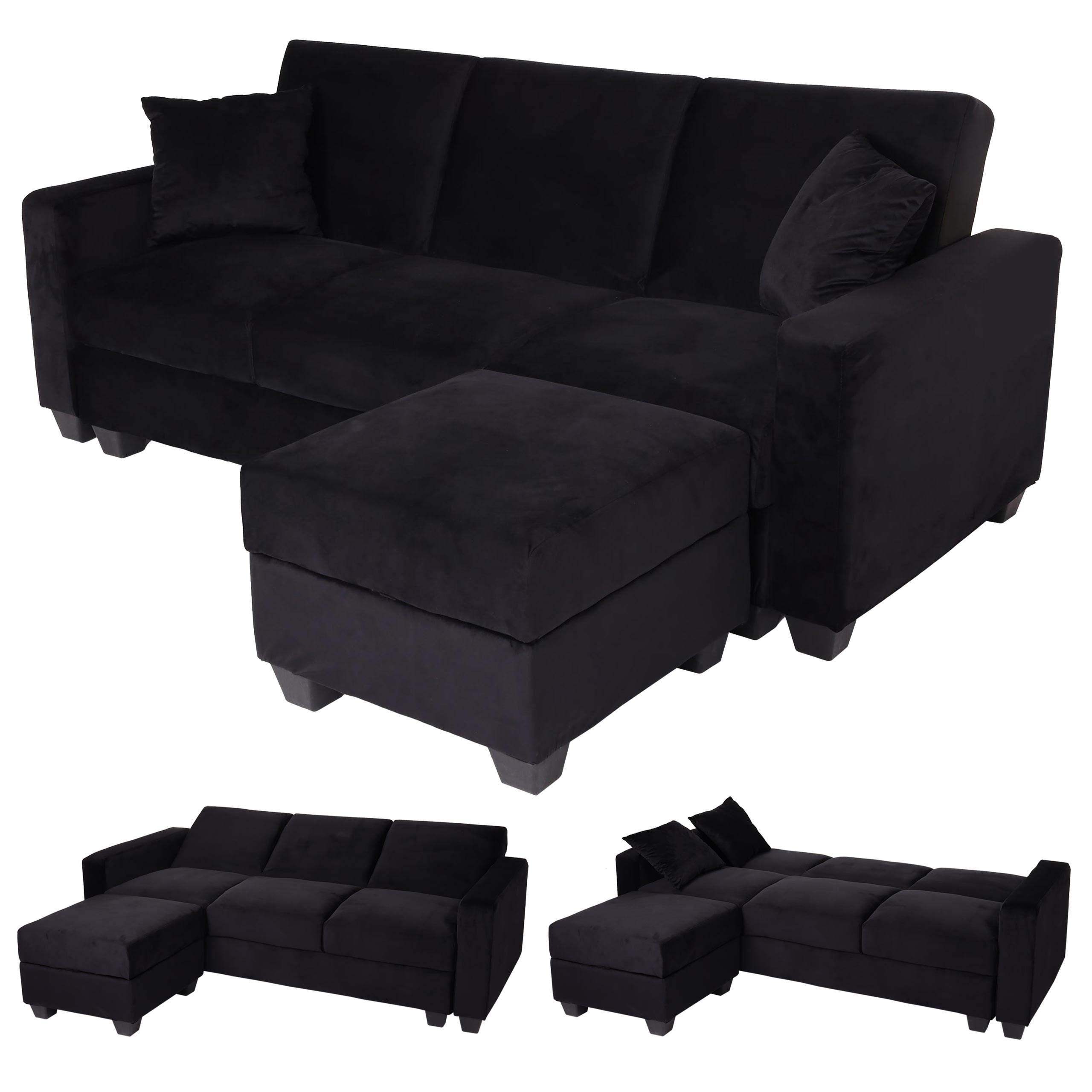 Sofa MCW-H47 mit Ottomane, Couch Sofa G&auml;stebett, Schlaffunktion Stauraum 217x145cm ~ Samt schwarz 