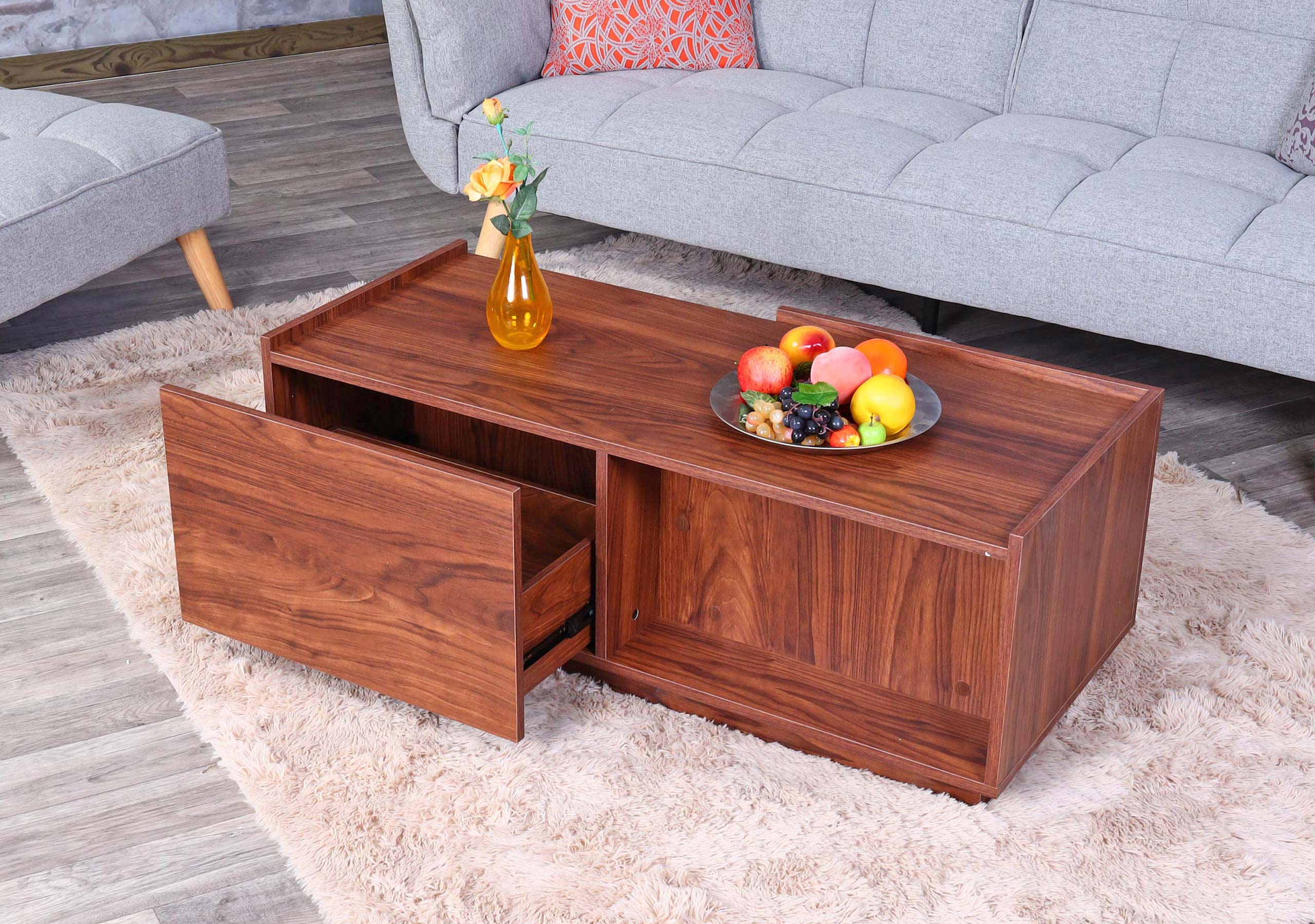 Couchtisch MCW-J78, Wohnzimmertisch Beistelltisch Sofatisch, Schublade, MDF 110x50x40cm ~ Walnuss-Optik 