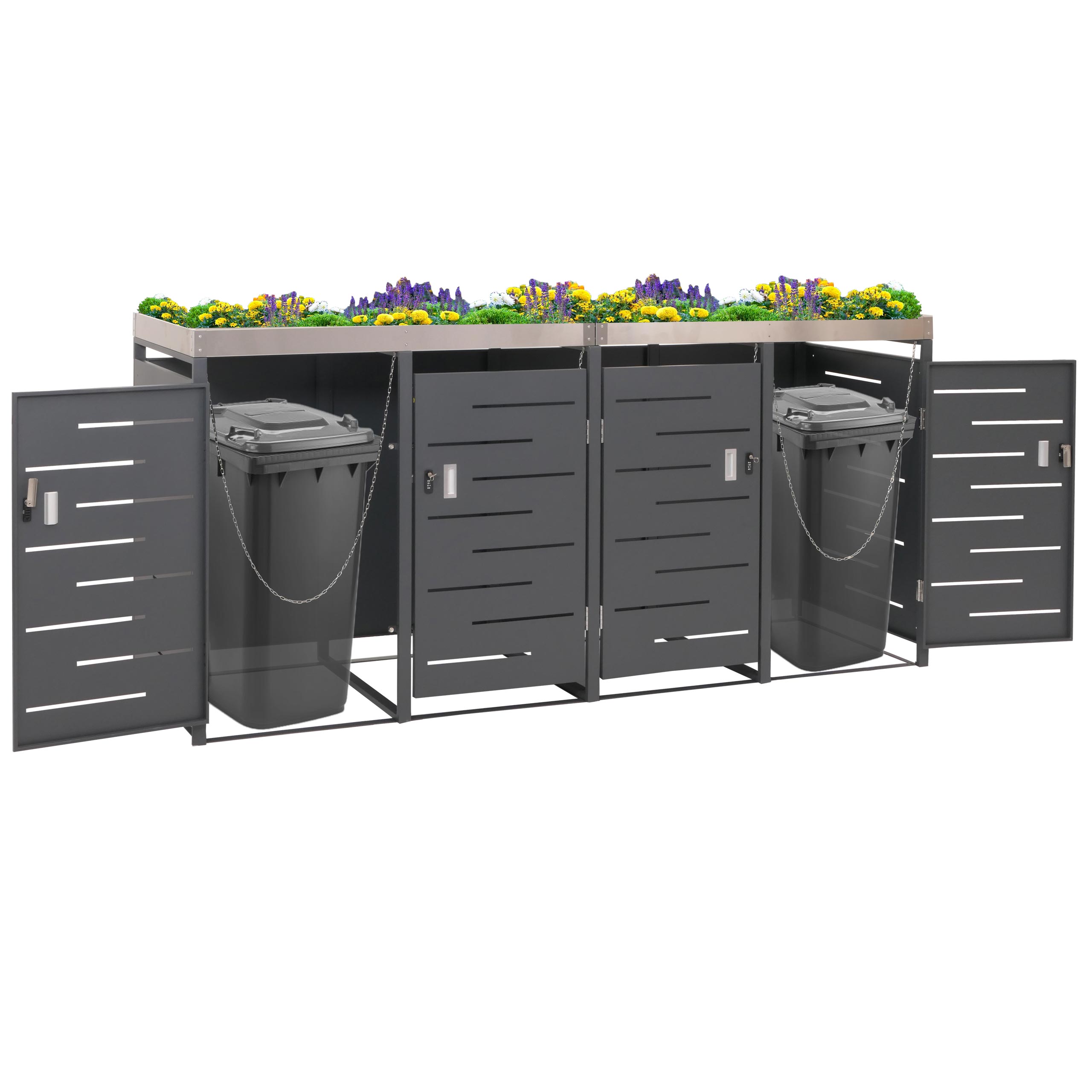 4er-M&uuml;lltonnenverkleidung MCW-H40, M&uuml;lltonnenbox, Pflanzkasten Edelstahl-Metall-Kombi 92kg 125x264x84cm erweiterbar 