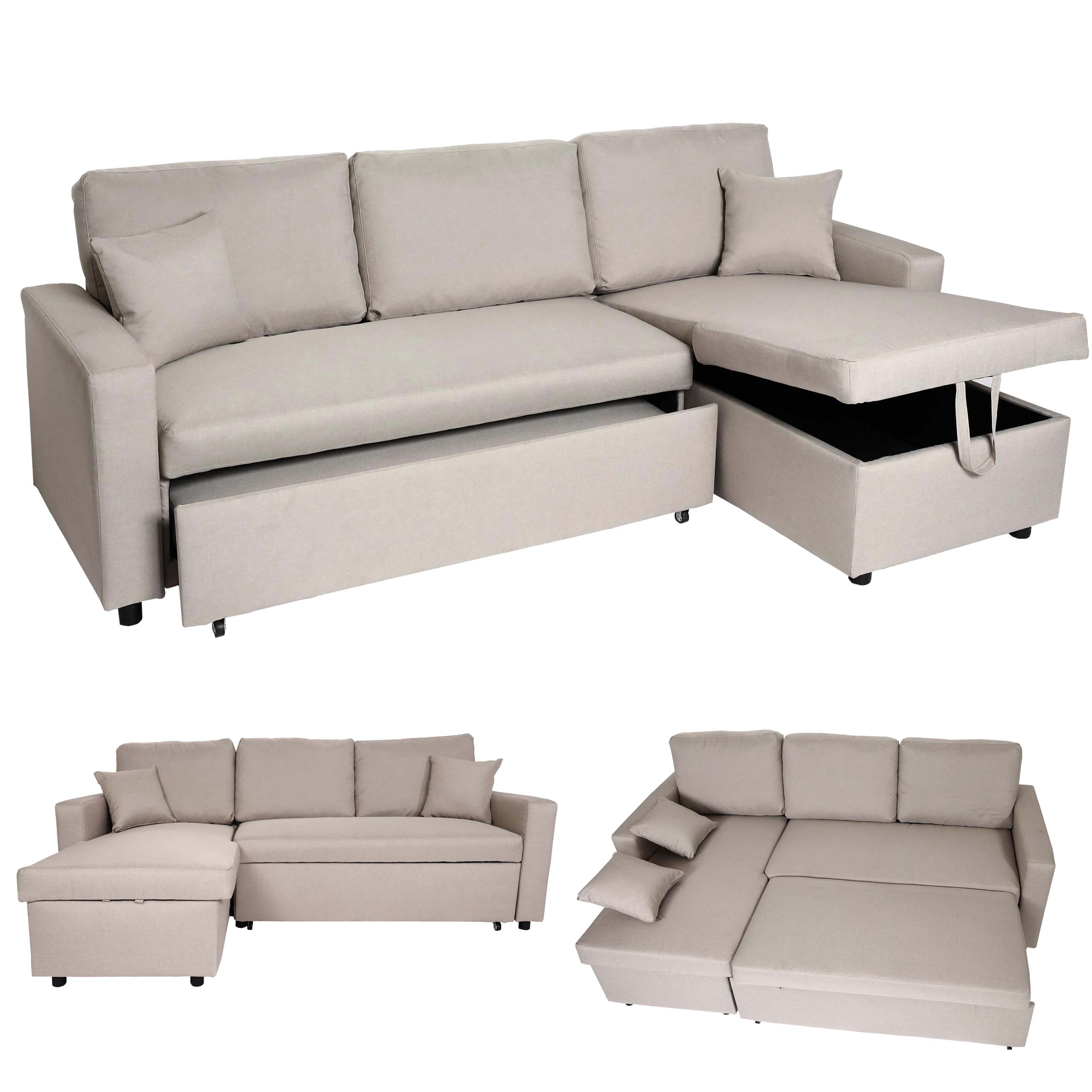 Ecksofa mit Bettkasten MCW-L17, Couch Sofa L-Form, Liegefl&auml;che Nosagfederung 228cm ~ beige 
