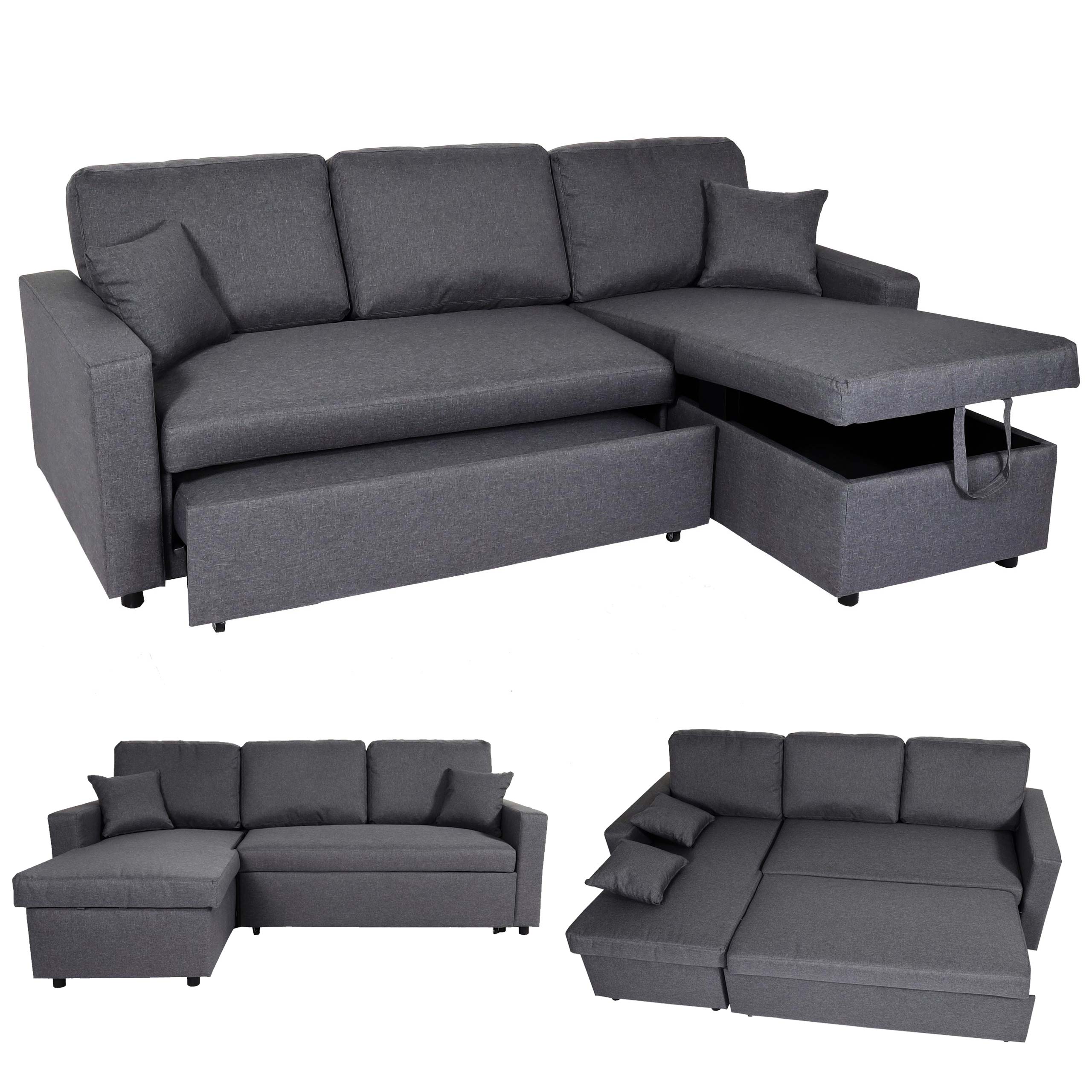 Ecksofa mit Bettkasten MCW-L17, Couch Sofa L-Form, Liegefl&auml;che Nosagfederung 228cm ~ dunkelgrau 