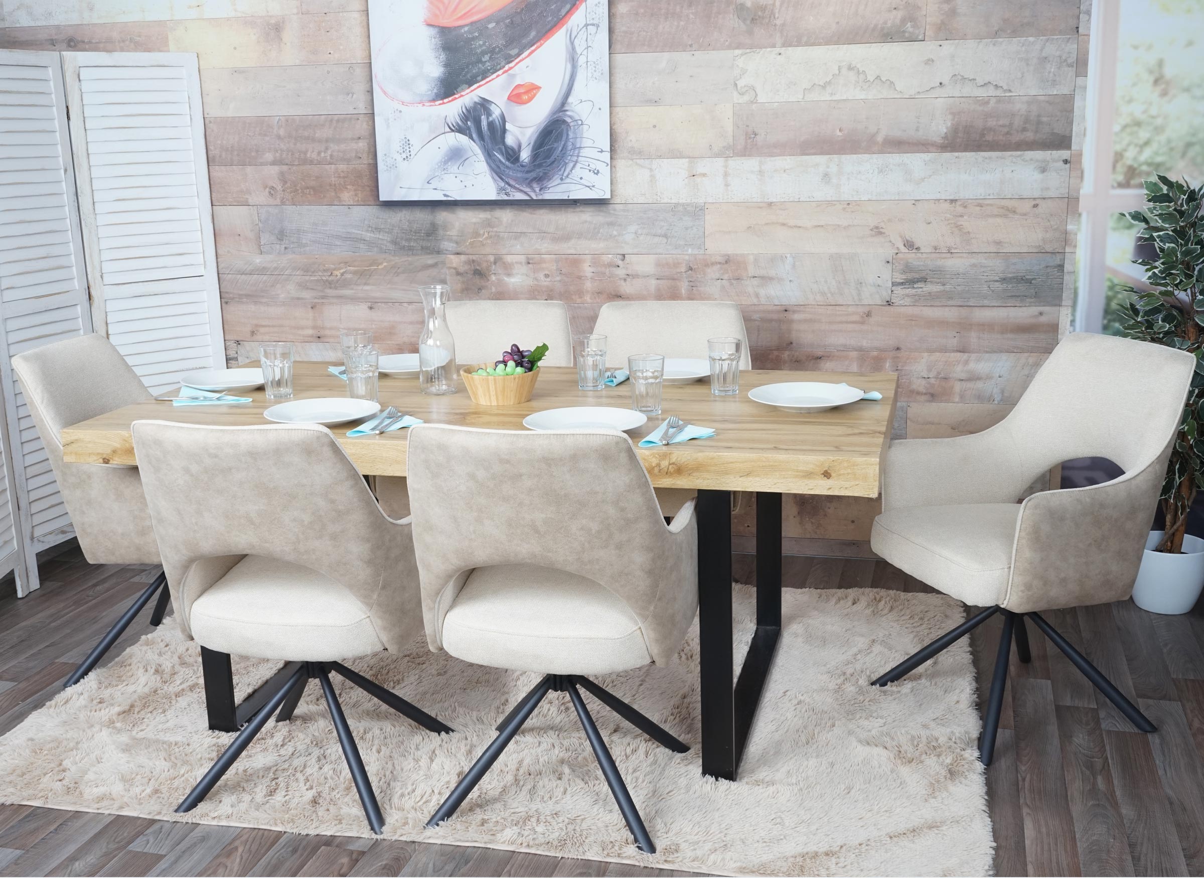 6er-Set Esszimmerstuhl MCW-K30, K&uuml;chenstuhl Lehnstuhl, drehbar Auto-Position, Stoff/Textil MVG ~ creme 