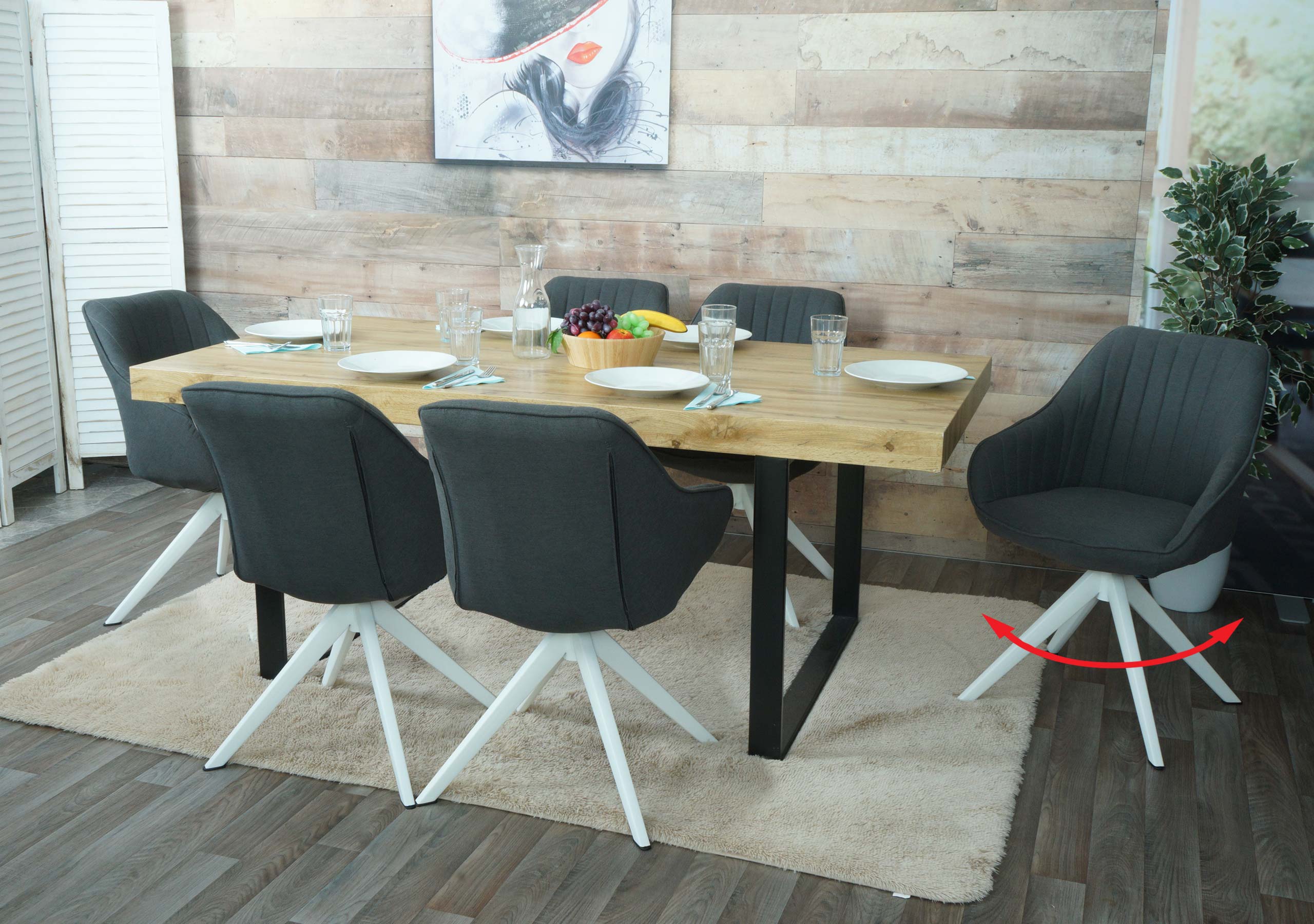 6er-Set Esszimmerstuhl MCW-K27, K&uuml;chenstuhl Stuhl mit Armlehne, drehbar Stoff/Textil ~ dunkelgrau 