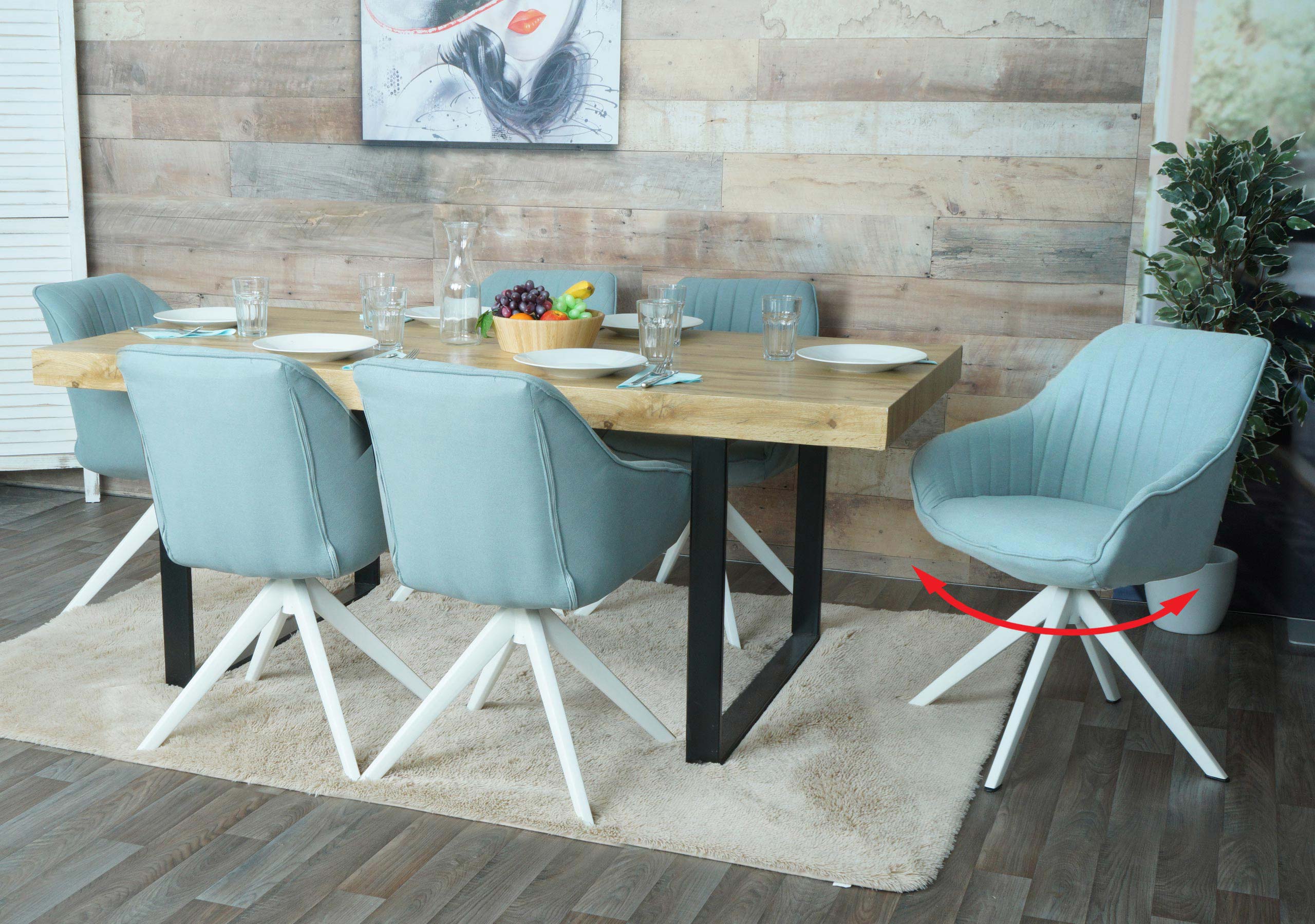 6er-Set Esszimmerstuhl MCW-K27, K&uuml;chenstuhl Stuhl mit Armlehne, drehbar Stoff/Textil ~ mint-gr&uuml;n 