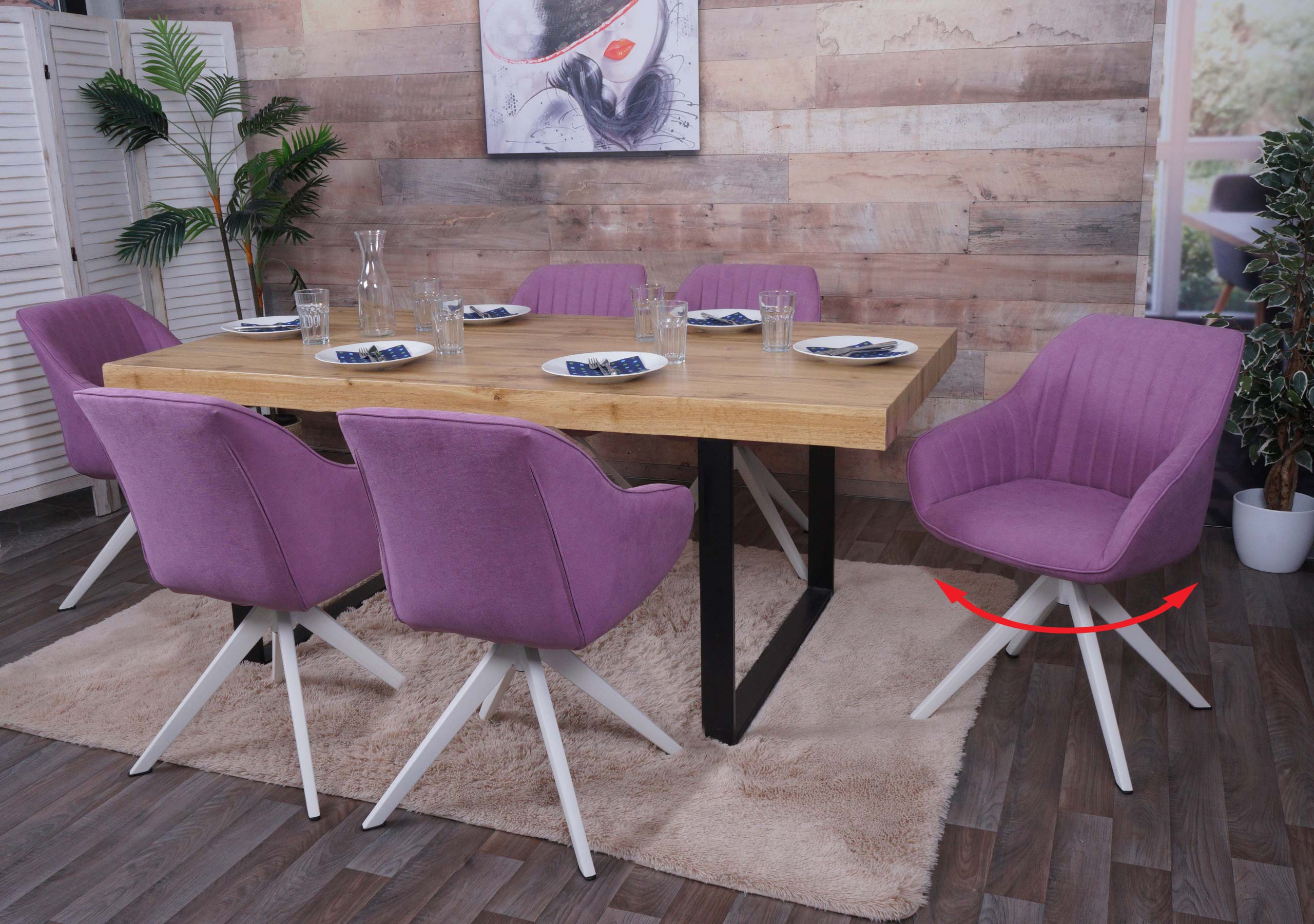 6er-Set Esszimmerstuhl MCW-K27, K&uuml;chenstuhl Stuhl mit Armlehne, drehbar Stoff/Textil ~ lila 