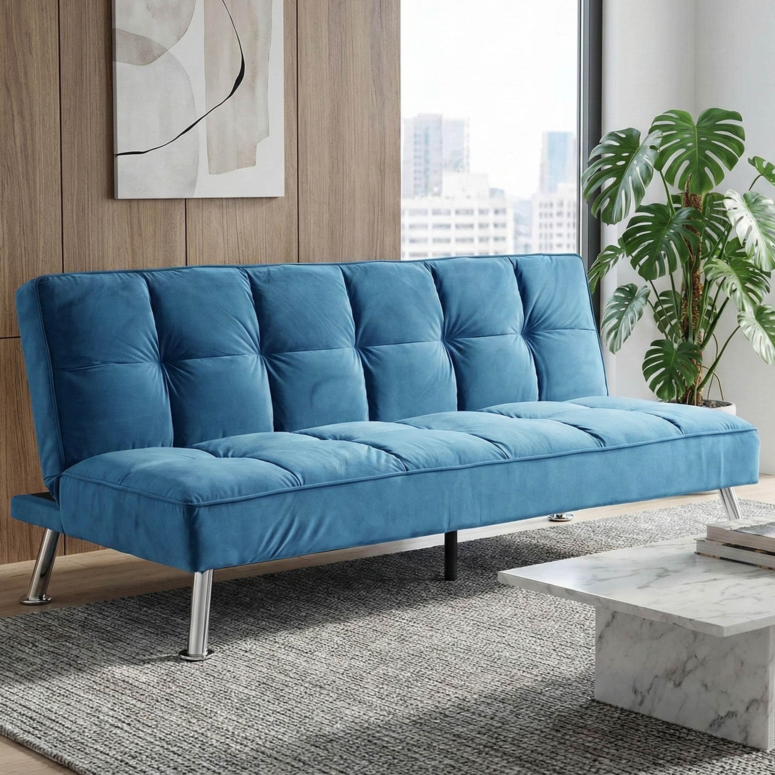 Sofa MCW-K21, Klappsofa Couch Schlafsofa, Nosagfederung Schlaffunktion Liegefl&auml;che 181x107cm ~ Samt, blau 