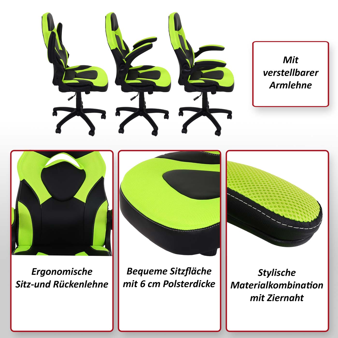 Bürostuhl MCW-K13, Drehstuhl Gamingstuhl, ergonomisch, verstellbare Armlehne,  Kunstleder ~ schwarz-grün bei Marktkauf online bestellen