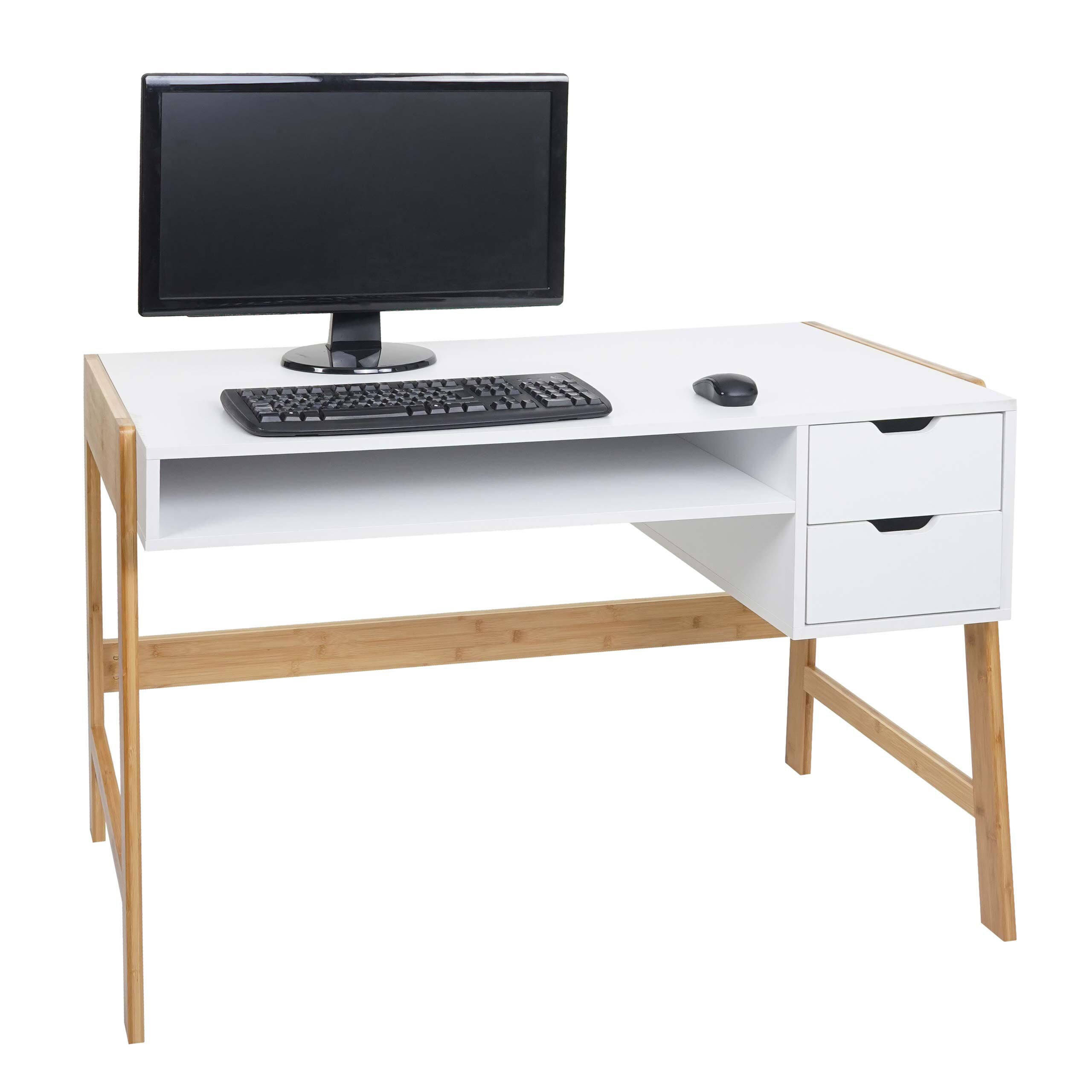 Schreibtisch MCW-K12, B&uuml;rotisch Computertisch Arbeitstisch, Schublade, Bambus 76x115x58cm ~ wei&szlig; 