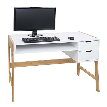 Schreibtisch MCW-K12, Bürotisch Computertisch Arbeitstisch, Schublade, Bambus 76x115x58cm ~ weiß 