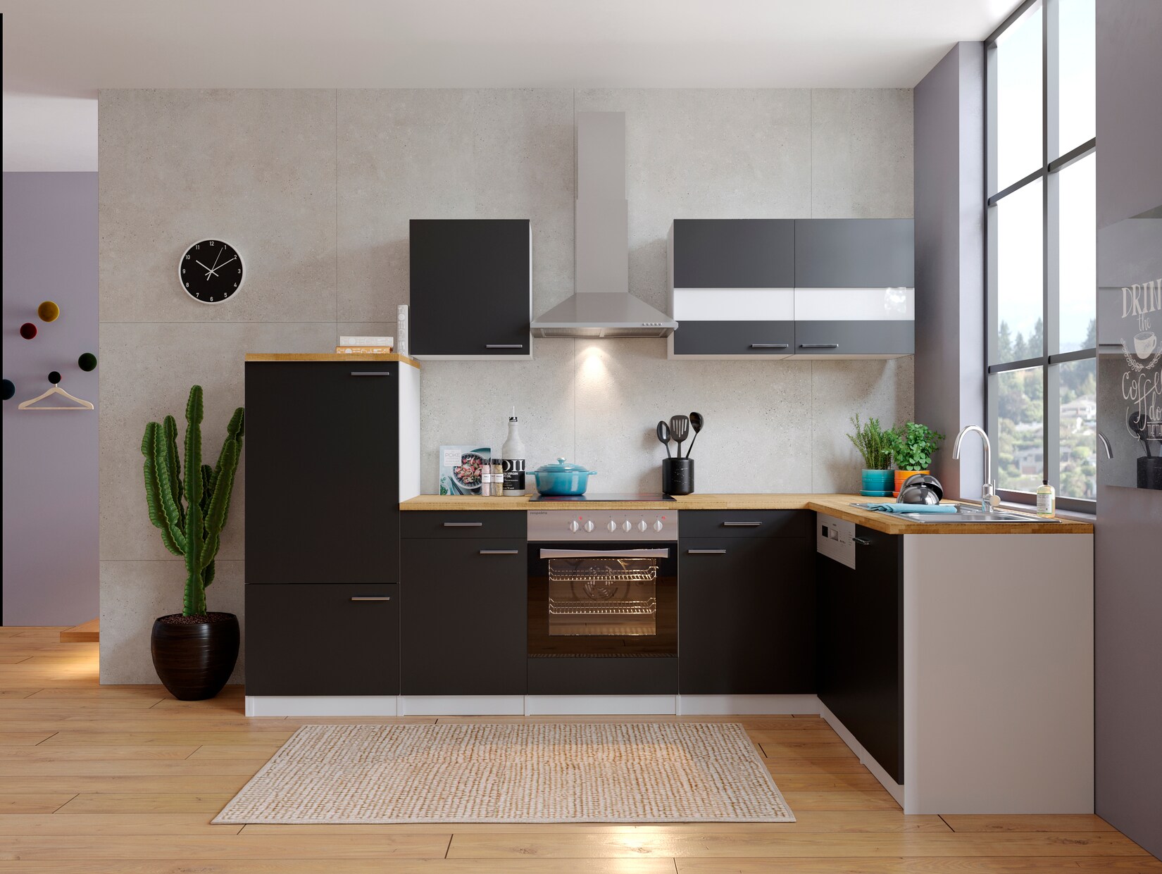 Respekta Winkelküche KBL280WSCG 280 cm Weiß - Schwarz