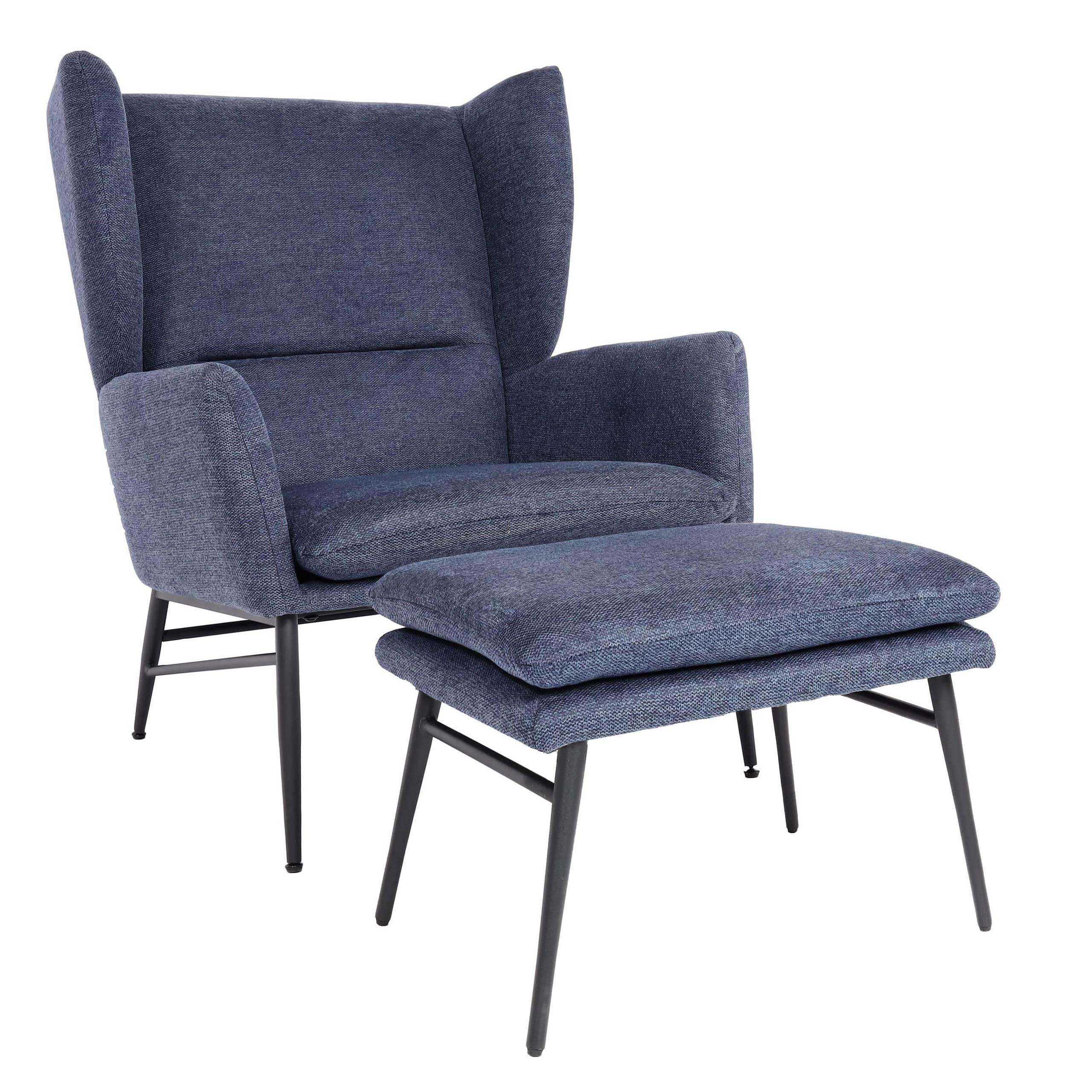 Lounge-Sessel mit Ottomane MCW-L62, Sessel Polstersessel Cocktailsessel Hocker, Stoff/Textil ~ blau 