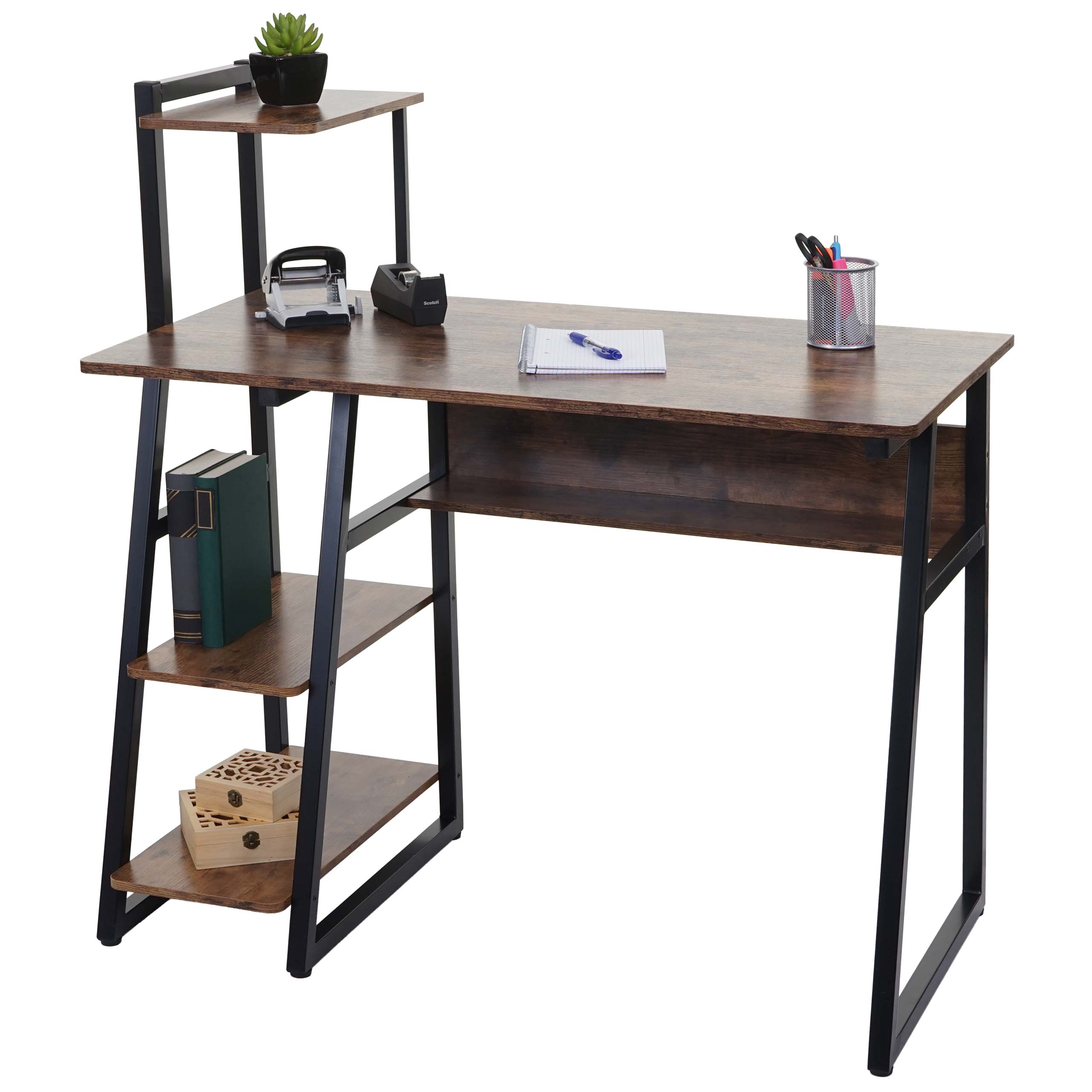 Schreibtisch mit Regal MCW-K68, Laptoptisch B&uuml;rotisch Arbeitstisch, MVG-zertifiziert 100x50cm, Metall MDF ~ braun 