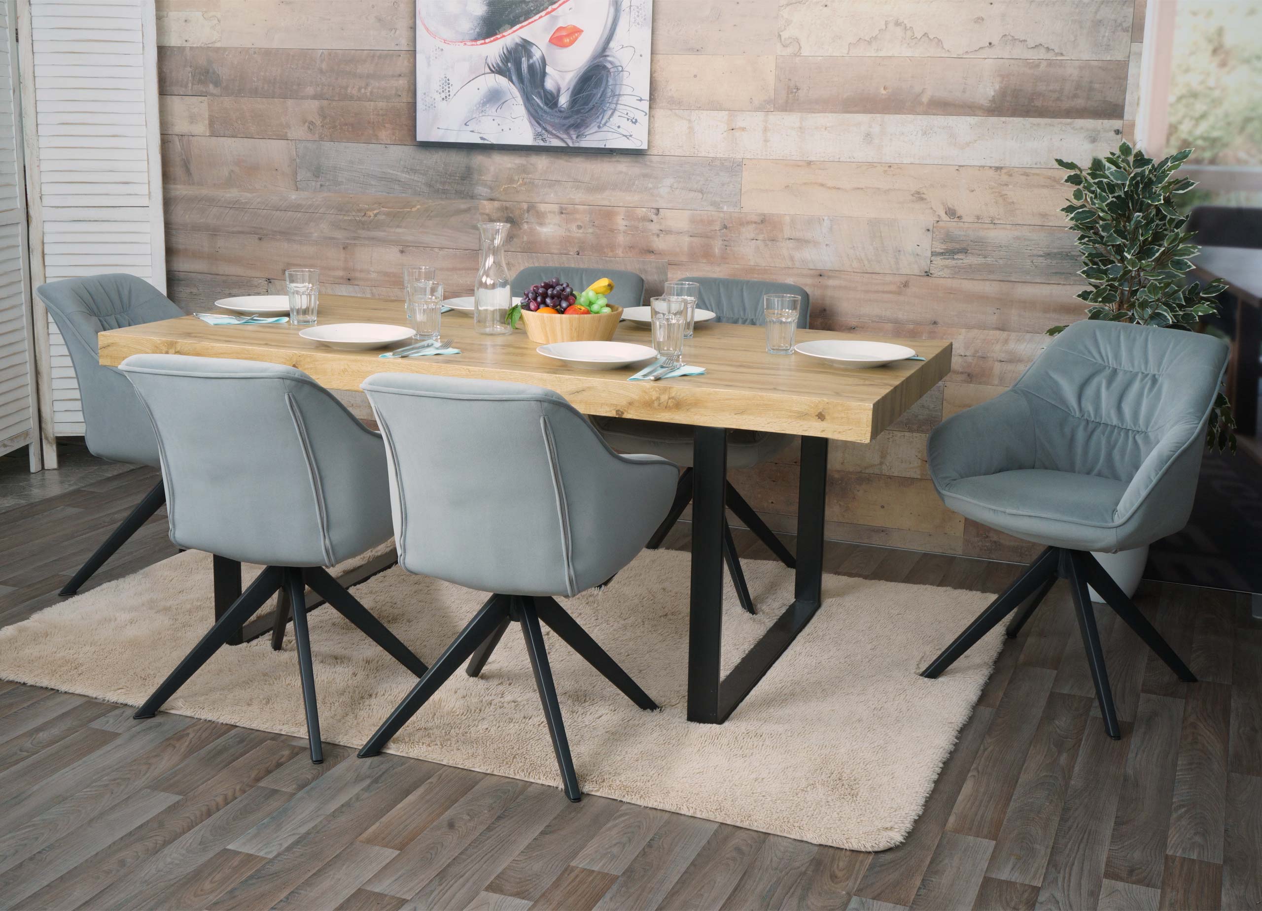 6er-Set Esszimmerstuhl MCW-K28, K&uuml;chenstuhl Polsterstuhl Stuhl mit Armlehne, drehbar, Metall ~ Stoff/Textil hellgrau 