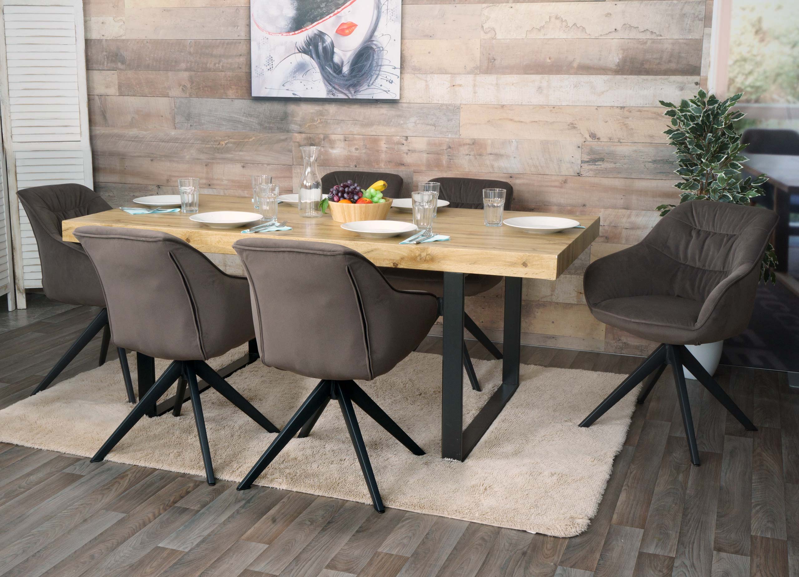 6er-Set Esszimmerstuhl MCW-K28, K&uuml;chenstuhl Polsterstuhl Stuhl mit Armlehne, drehbar, Metall ~ Stoff/Textil braun 