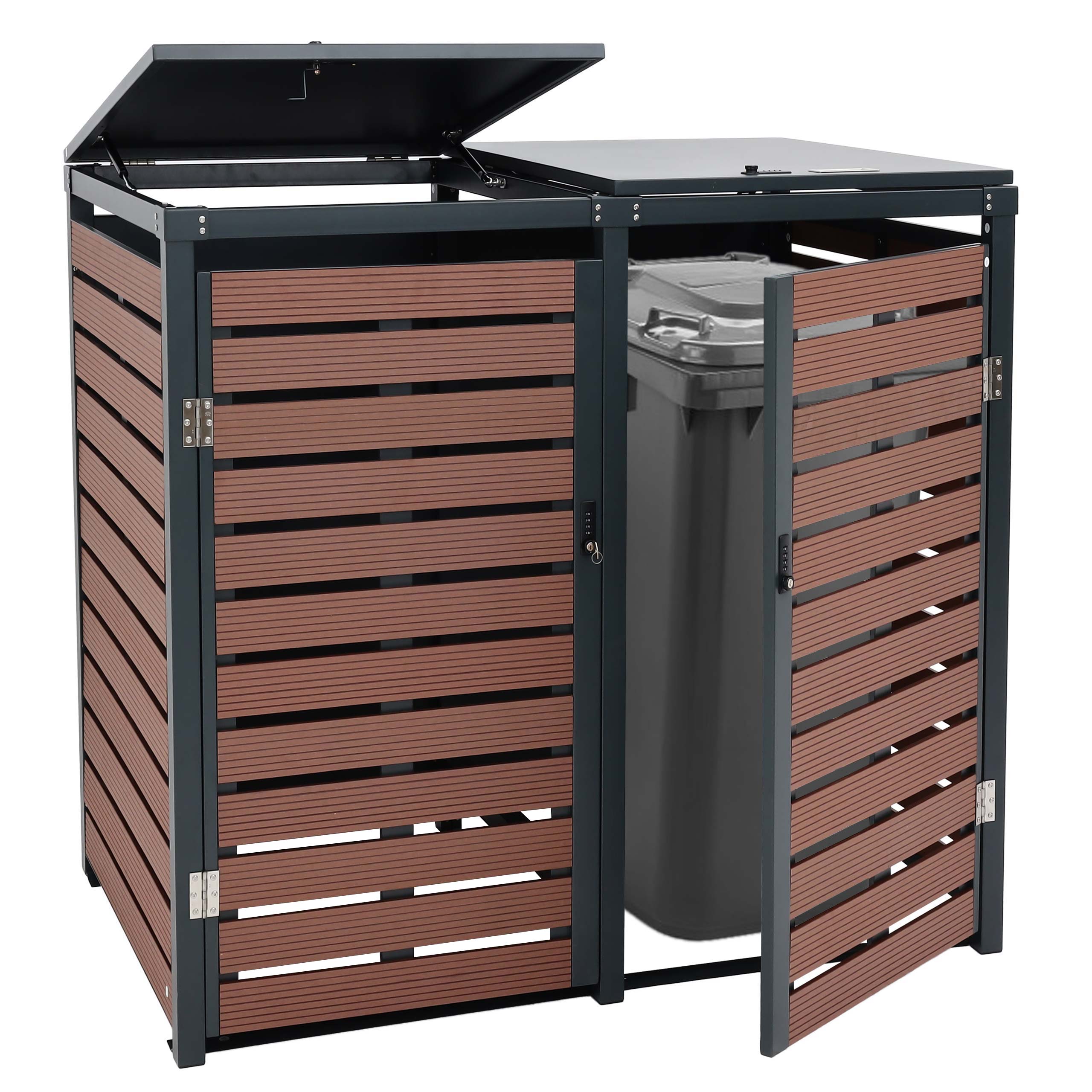 2er M&uuml;lltonnenverkleidung MCW-K14, M&uuml;lltonnenbox M&uuml;lltonnenabdeckung, 119x134x84cm WPC Metall 78kg ~ Walnuss-Holzoptik 